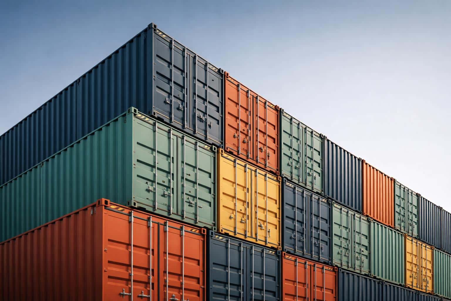 Shipping containers stacked in precise repeating geometry, photographed as an architectural study with bold color blocks and a 3:2 poster-style crop.