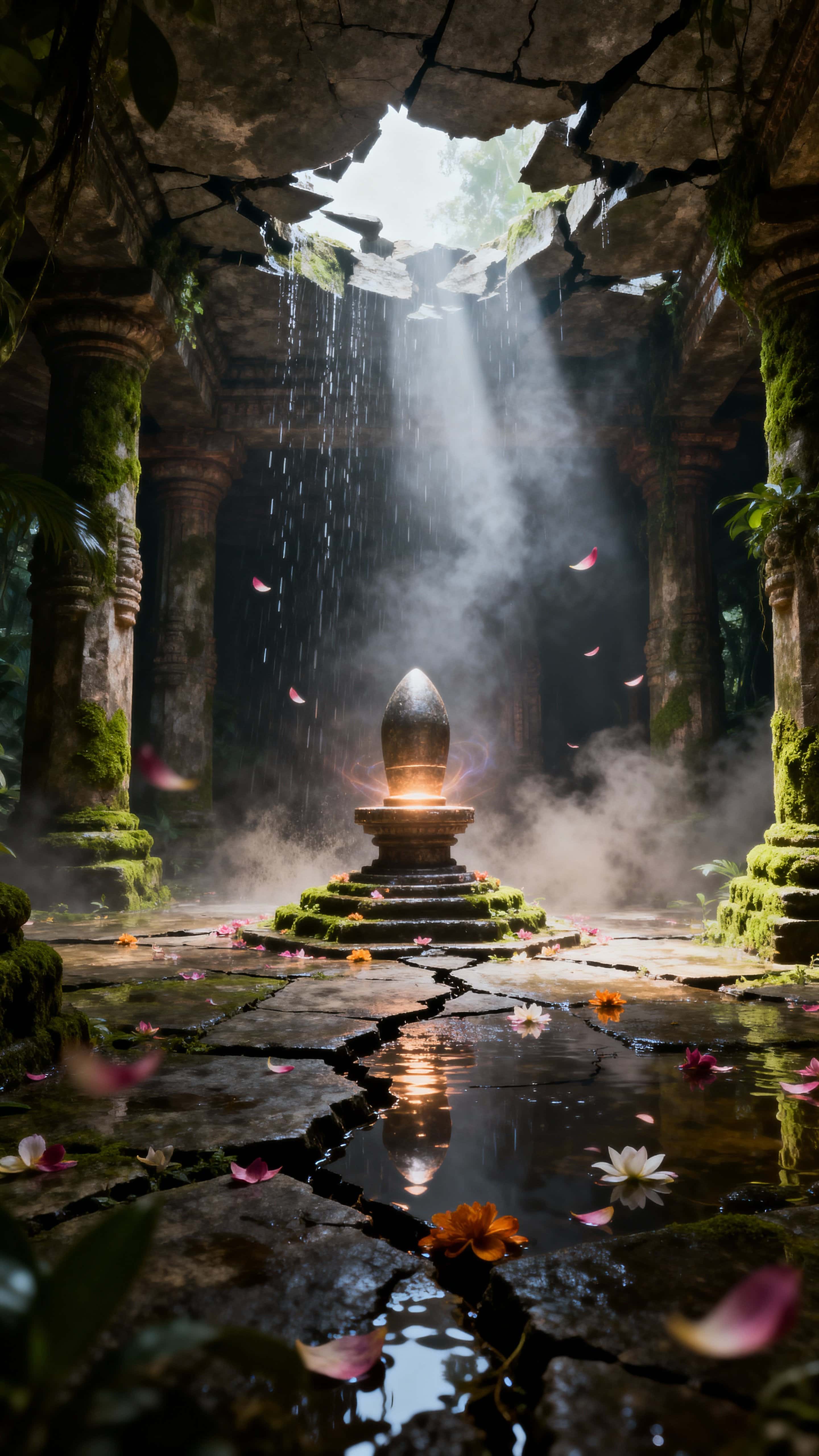 A vertical 9:16 view of an ancient hidden Shiva temple deep in the jungle, centered glowing Lingam on a cracked stone floor, moss-covered pillars, rain dripping from a broken ceiling, golden light beams through teal mist and flower petals浮靡