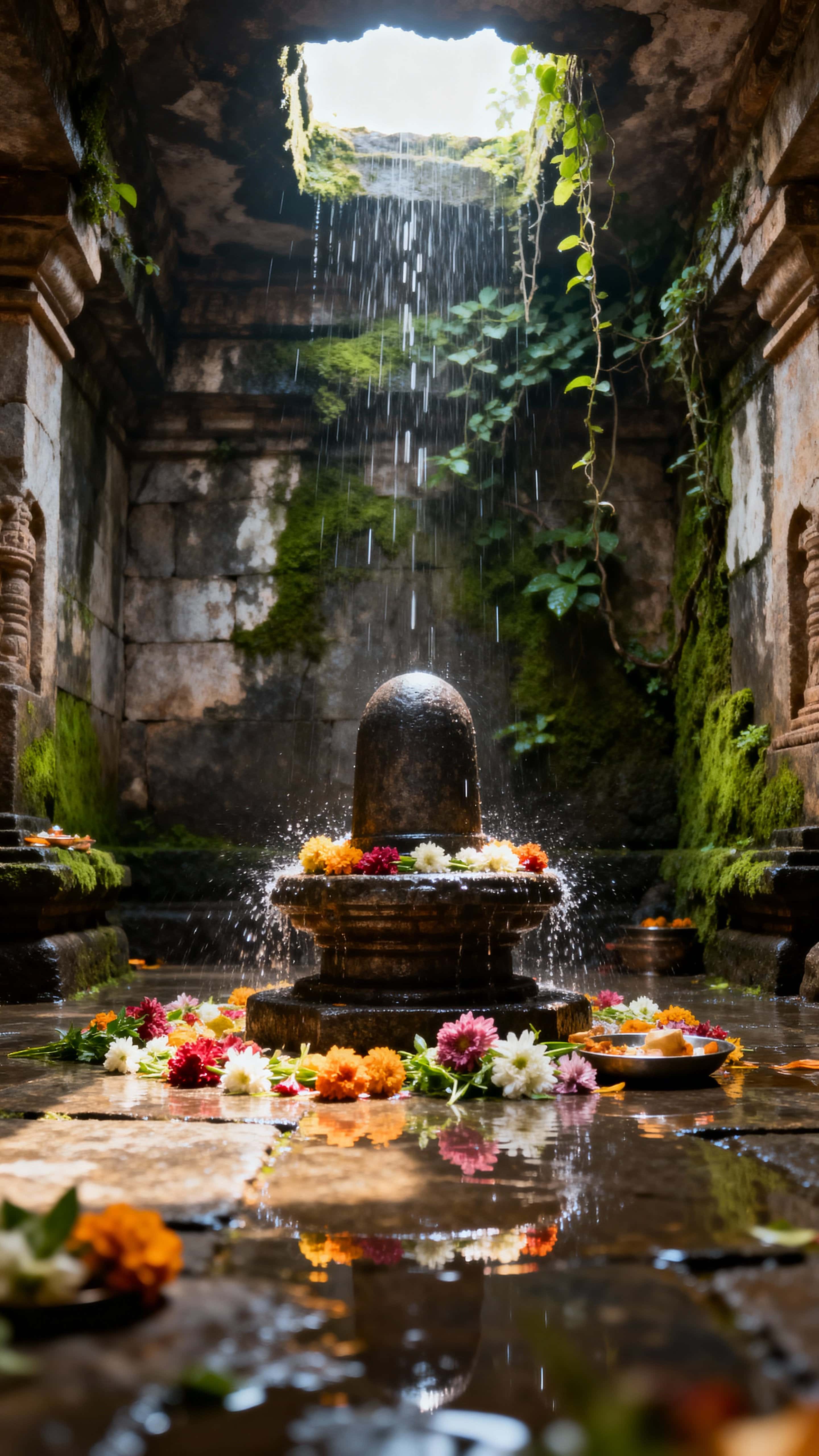 Photorealistic vertical 9:16 photo of an ancient stone Shiva temple interior centered on a wet gray Lingam with warm-ochre offerings, moss-green walls, gentle rain and reflective puddles.