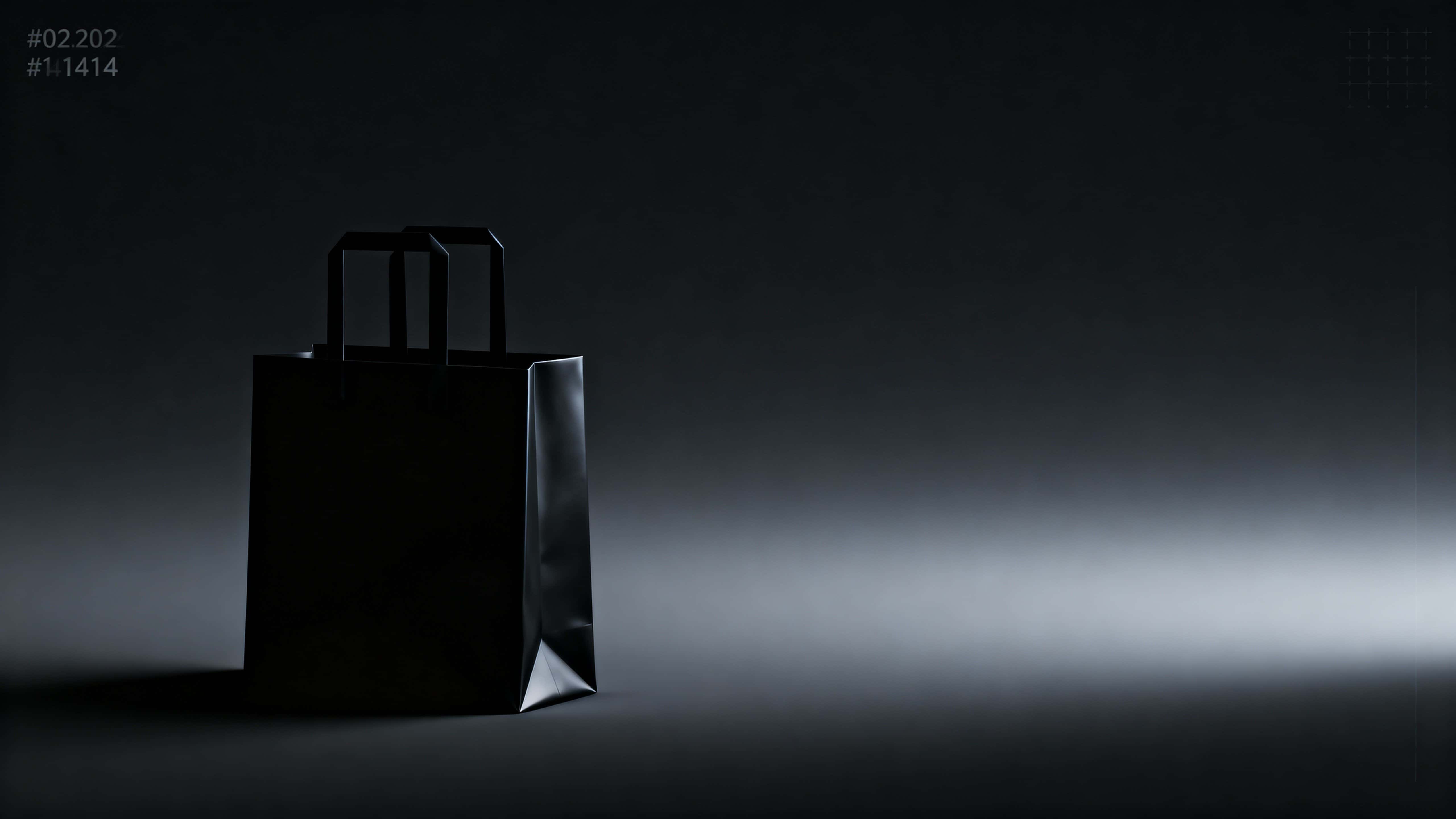 Ultra-minimal 16:9 3D render of a matte-black shopping bag on the left third, its velvety surfaces fading into near-black negative space across a calm, text-free frame.