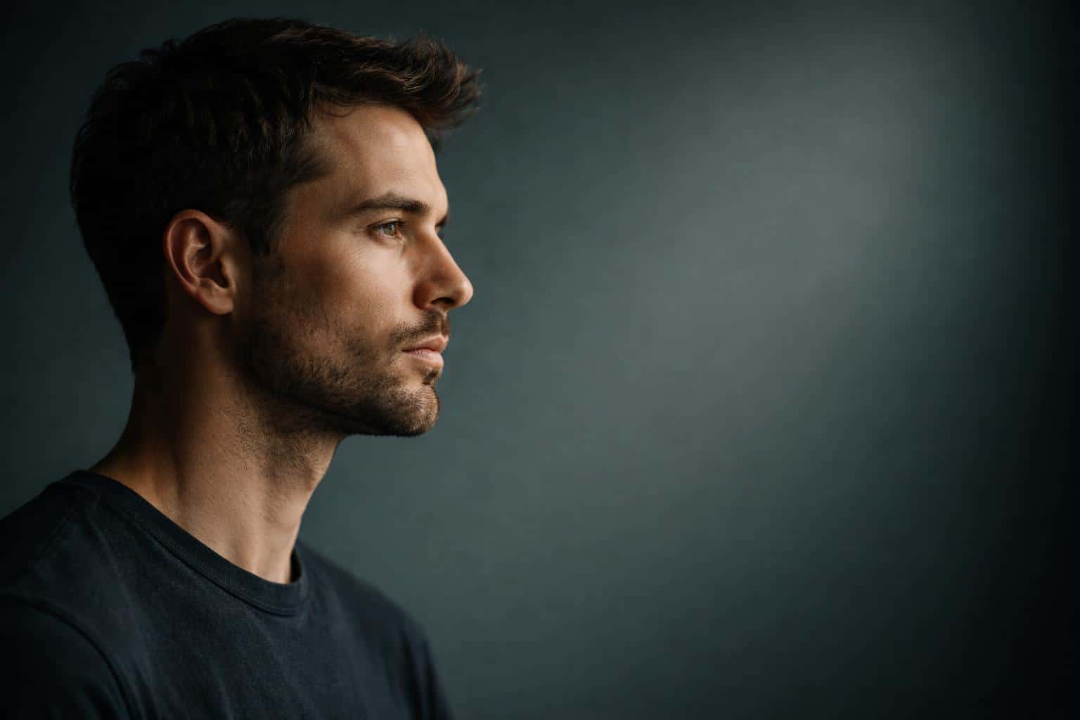 Side-profile portrait lit by soft window light in 3:2 portrait photography, intended as an editorial hero or wallpaper with intimate, naturalistic tonality.