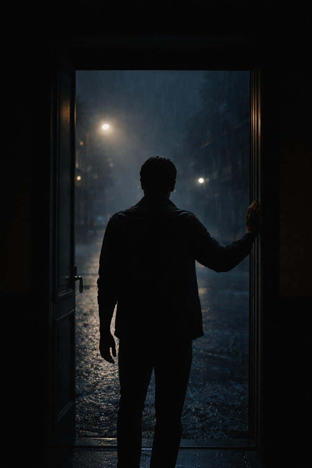 Vertical 2:3 cinematic editorial photo of a silhouetted figure standing in an open doorway, back to camera, looking out to a cool, rainy street with muted warm interior light.