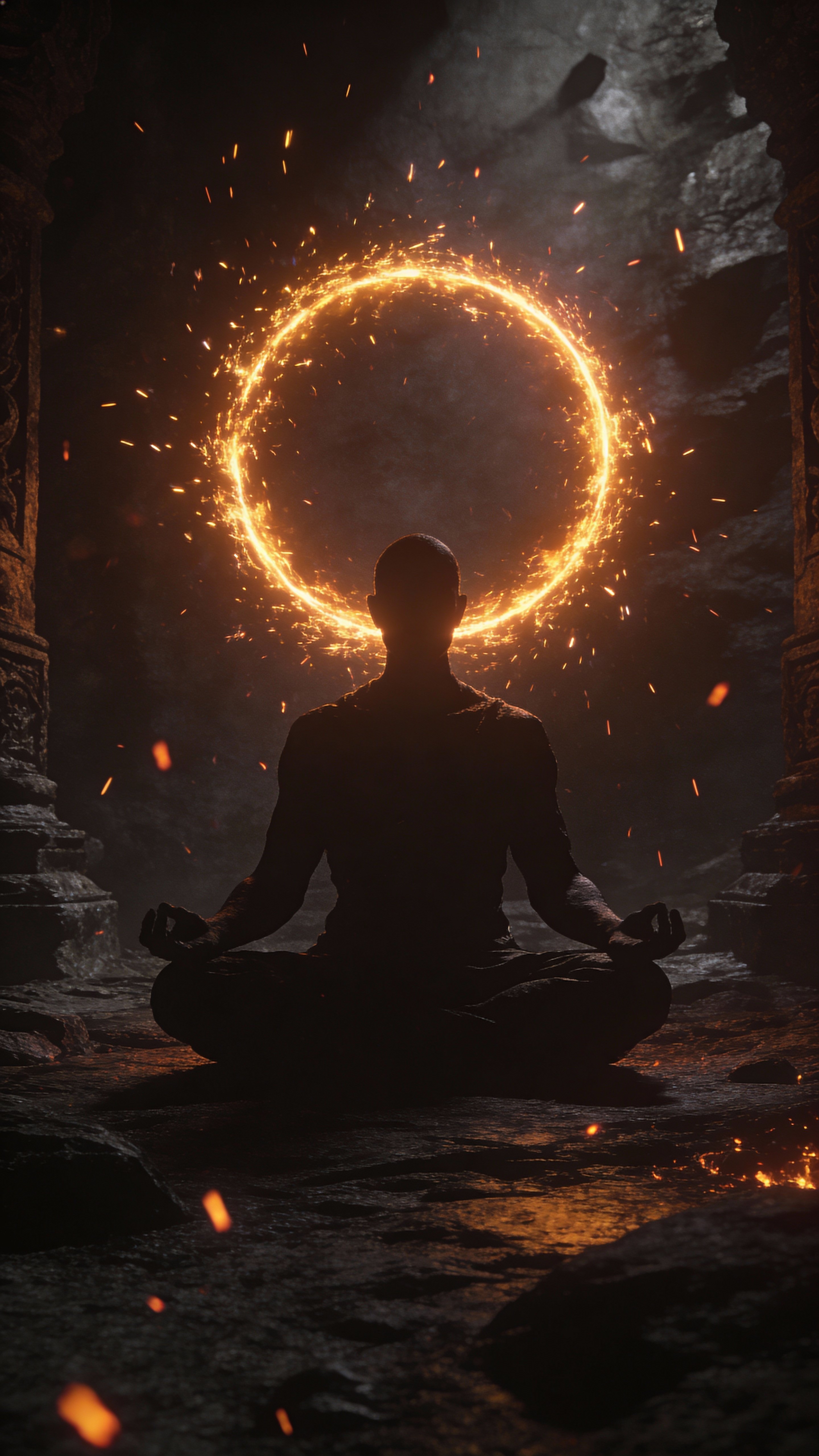 Vertical 9:16 dark-fantasy scene of a seated silhouette meditator centered mid-frame with an intense glowing circular energy ring above the head and ember-like sparks falling.