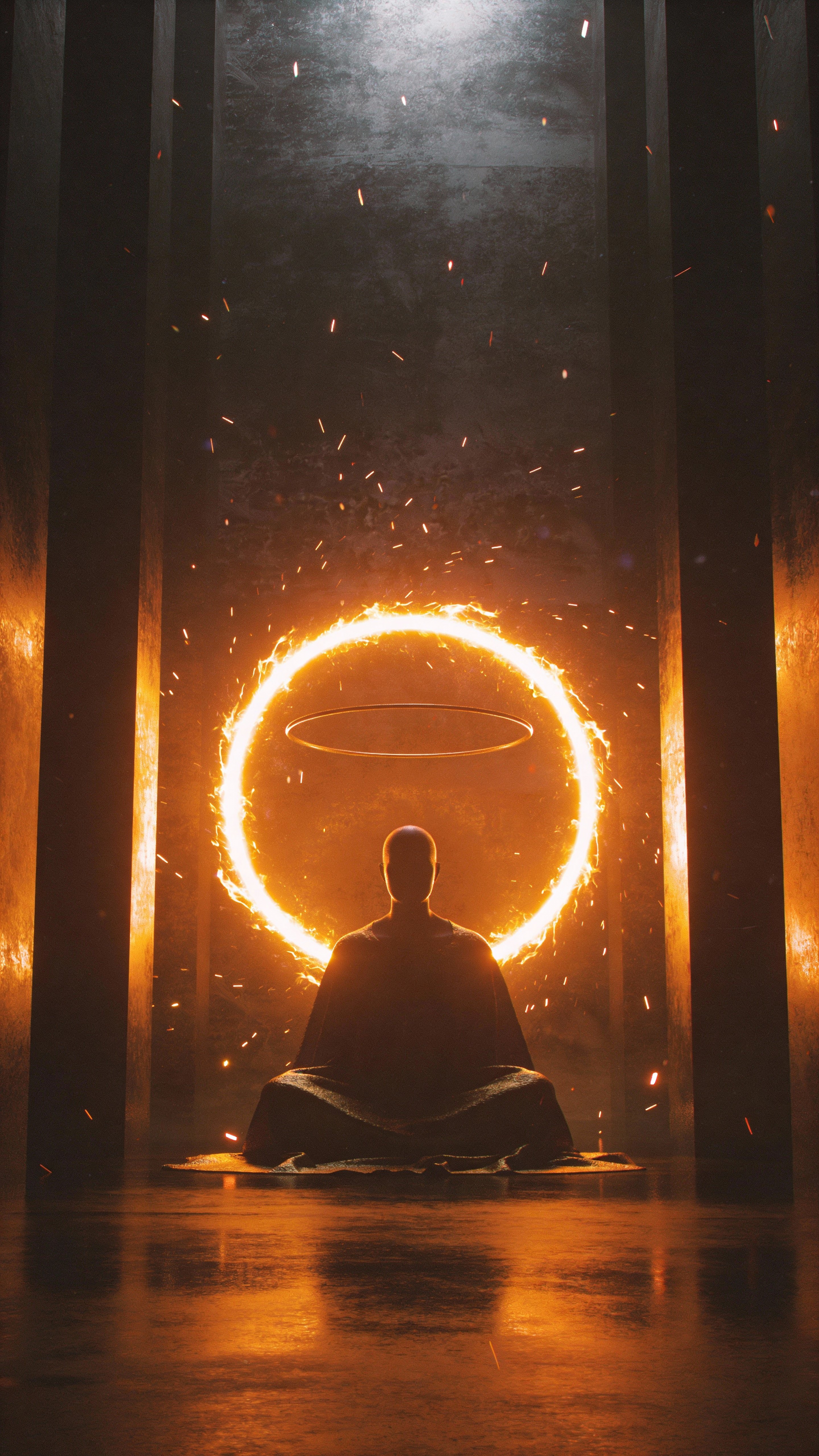 A lone silhouette sits in vertical 9:16 stillness beneath a fiery circular halo of molten light, embers drifting through dramatic shadows that suggest ancient, cinematic power.