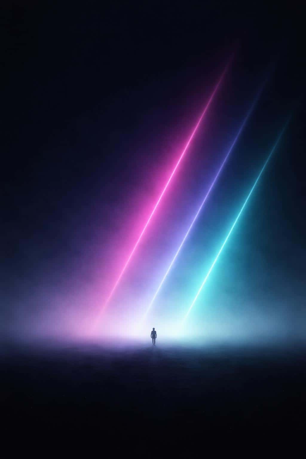 Vertical 2:3 minimalist wallpaper of a tiny featureless silhouette on a deep navy-black horizon with diagonal magenta-to-cyan glow bands rising through low fog.