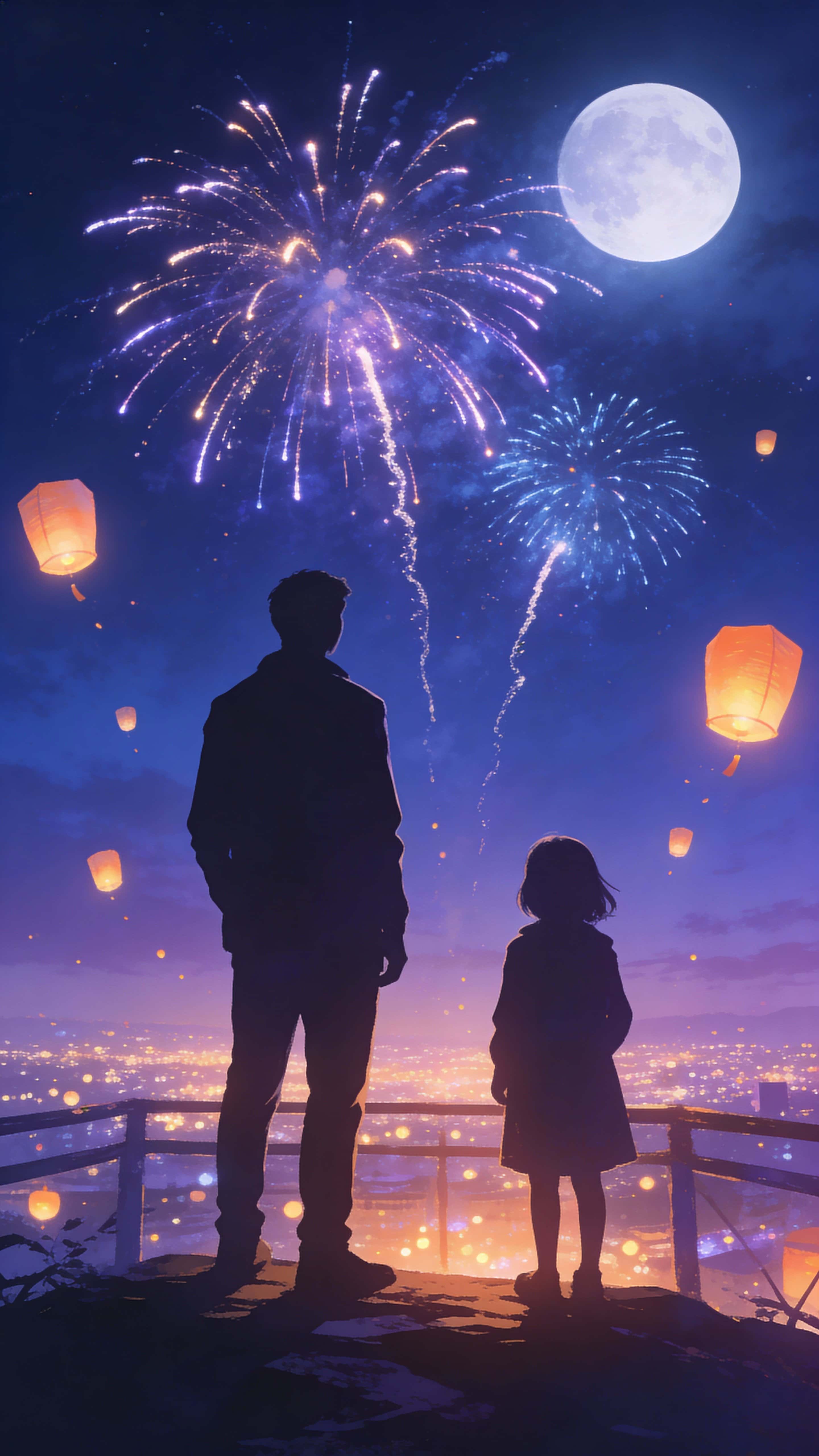 A cinematic fantasy night celebration with glowing fireworks and light trails, soft moonlight and drifting lanterns as silhouettes of a man and child overlook a luminous city in a clean poster style.