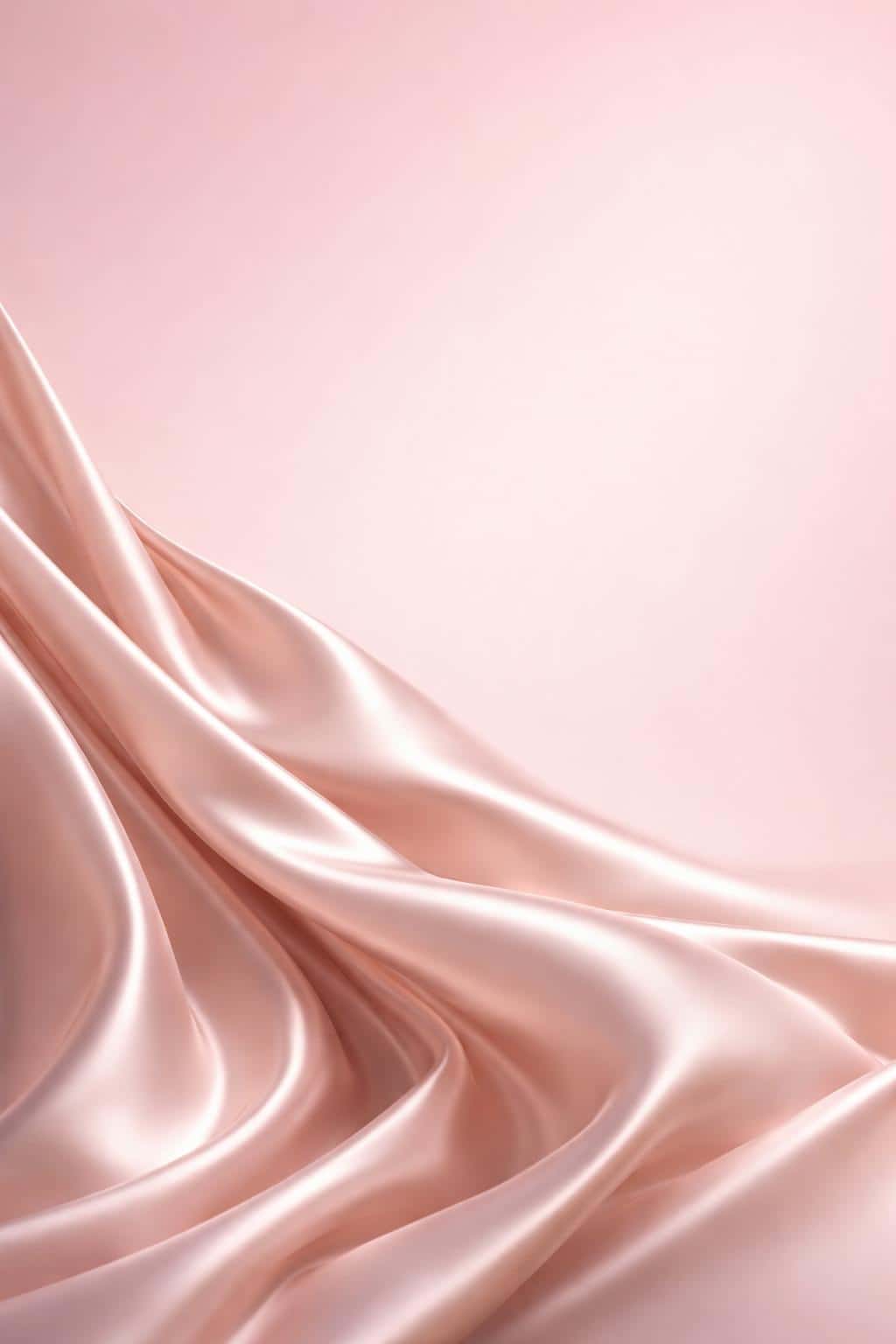 A tight vertical 2:3 close-up of a silk-like cloth sweeping from the lower-left across the lower half toward center against a soft pink gradient background, calm and minimal.