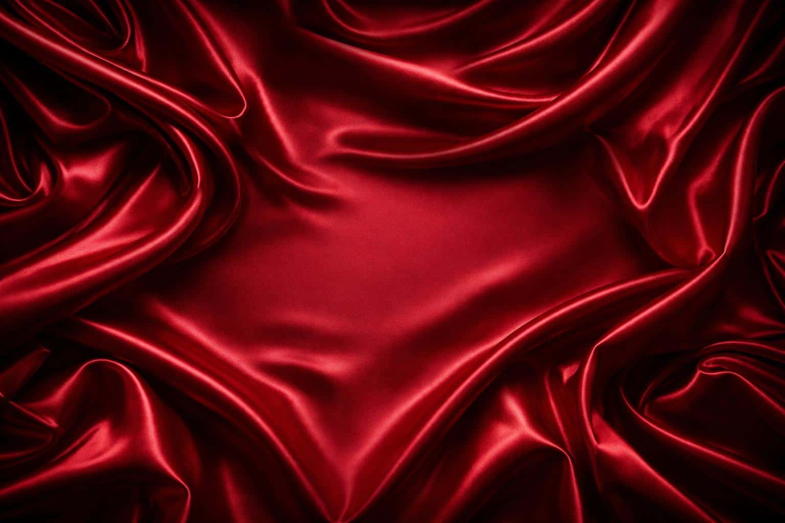 Wide 3:2 cinematic product photo of deep crimson silk arranged in sweeping folds with smooth texture, soft diffused highlights, and a flat central area for text overlay.