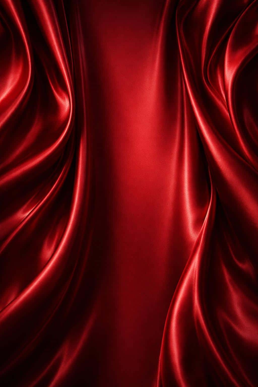 Vertical 2:3 cinematic product photo of deep crimson silk cascading in elegant folds with a central flat channel for text, minimal composition, and rich ruby-to-burgundy tones.