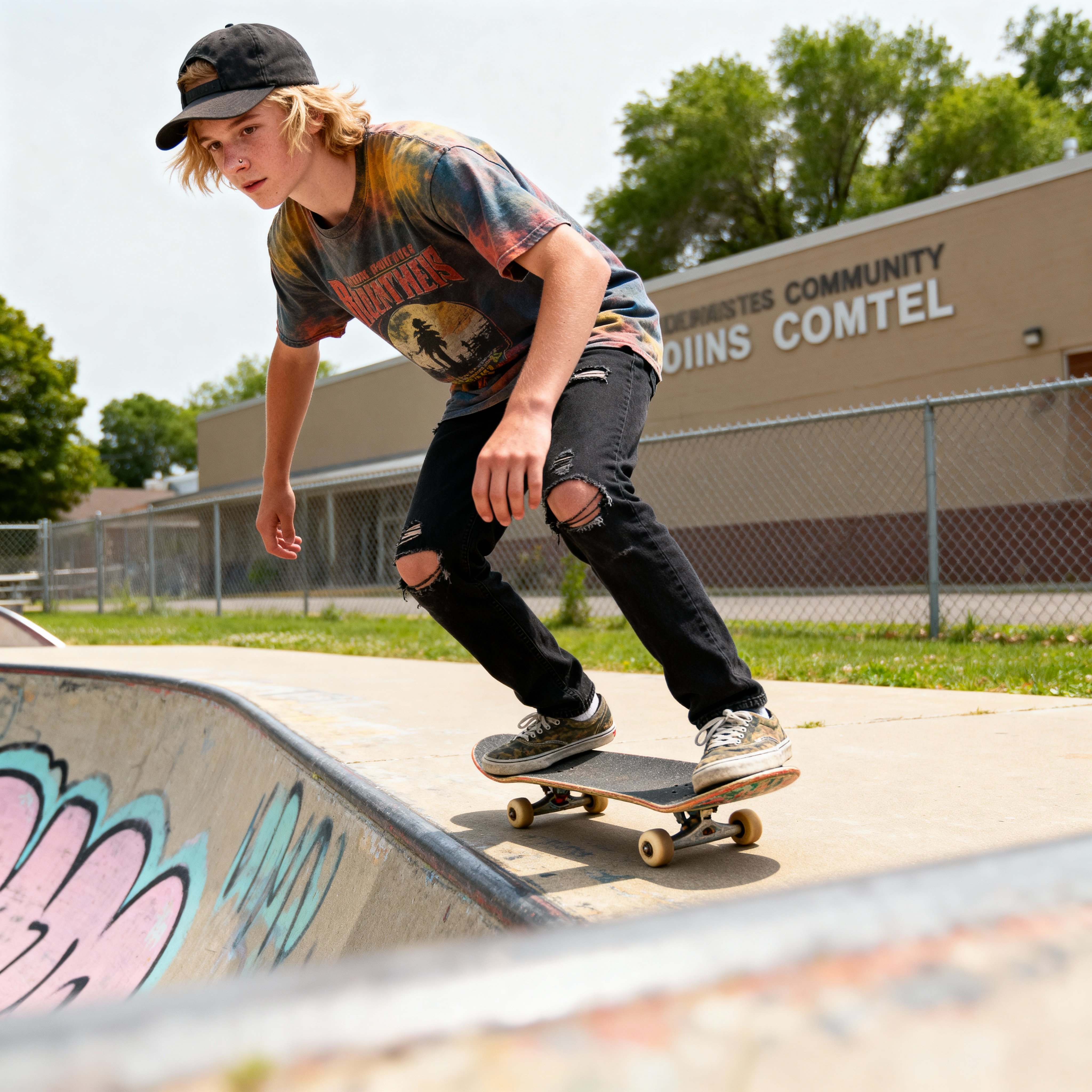Modern editorial photo of a Midwestern teen skater in a faded red band tee and patched black jeans, sun-kissed pale skin and shaggy blond hair on a sun-faded ramp with soft teal graffiti and warm sky-blue highlights.