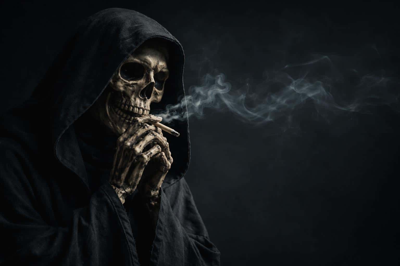 Close, moody portrait of a hooded skeletal figure smoking in a low-lit studio, composed for a 3:2 poster-cover with deep shadows and drifting smoke for atmosphere.