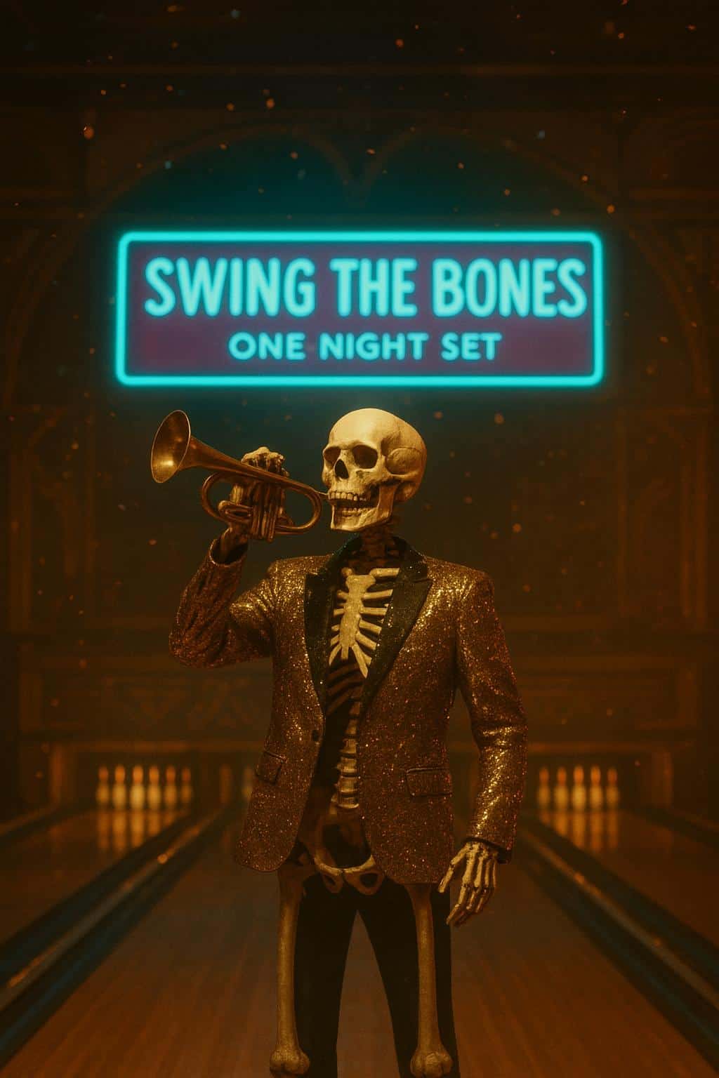 A jubilant skeleton big-band headliner performs in a glitter blazer on an art-deco bowling-alley stage with glowing pin marquees and neon signage, retro-Halloween mood.