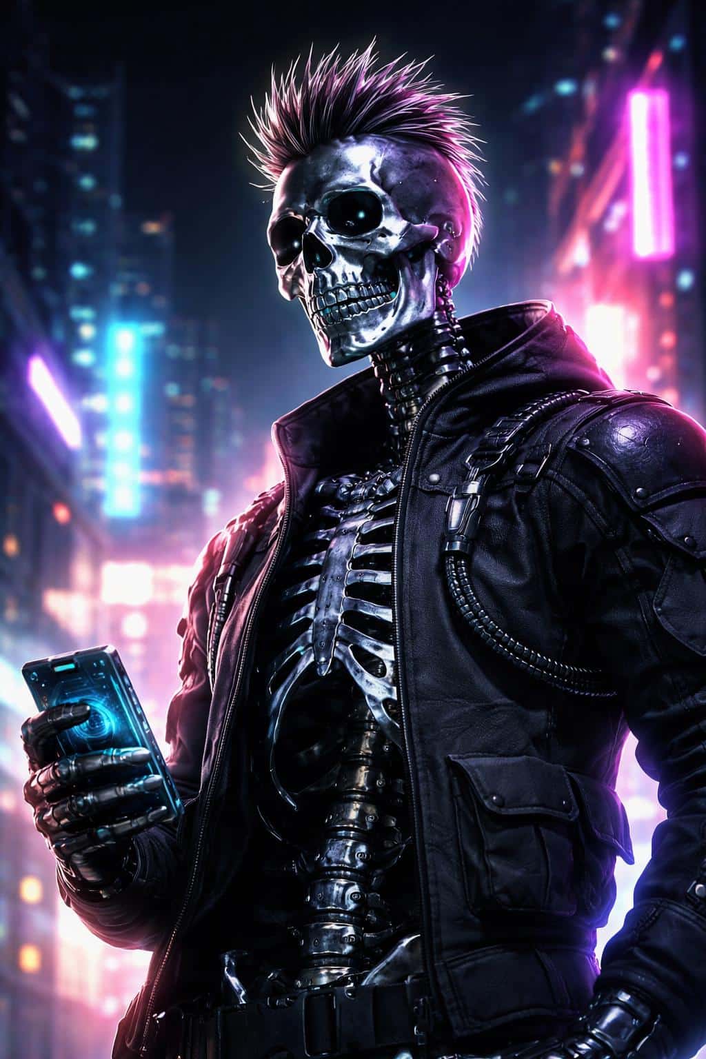 A lone neon-lit skeleton in a 3D cyberpunk scene, low-angle poster composition with vertical 2:3 crop, glossy tech materials and dramatic neon lighting for a poster-cover.