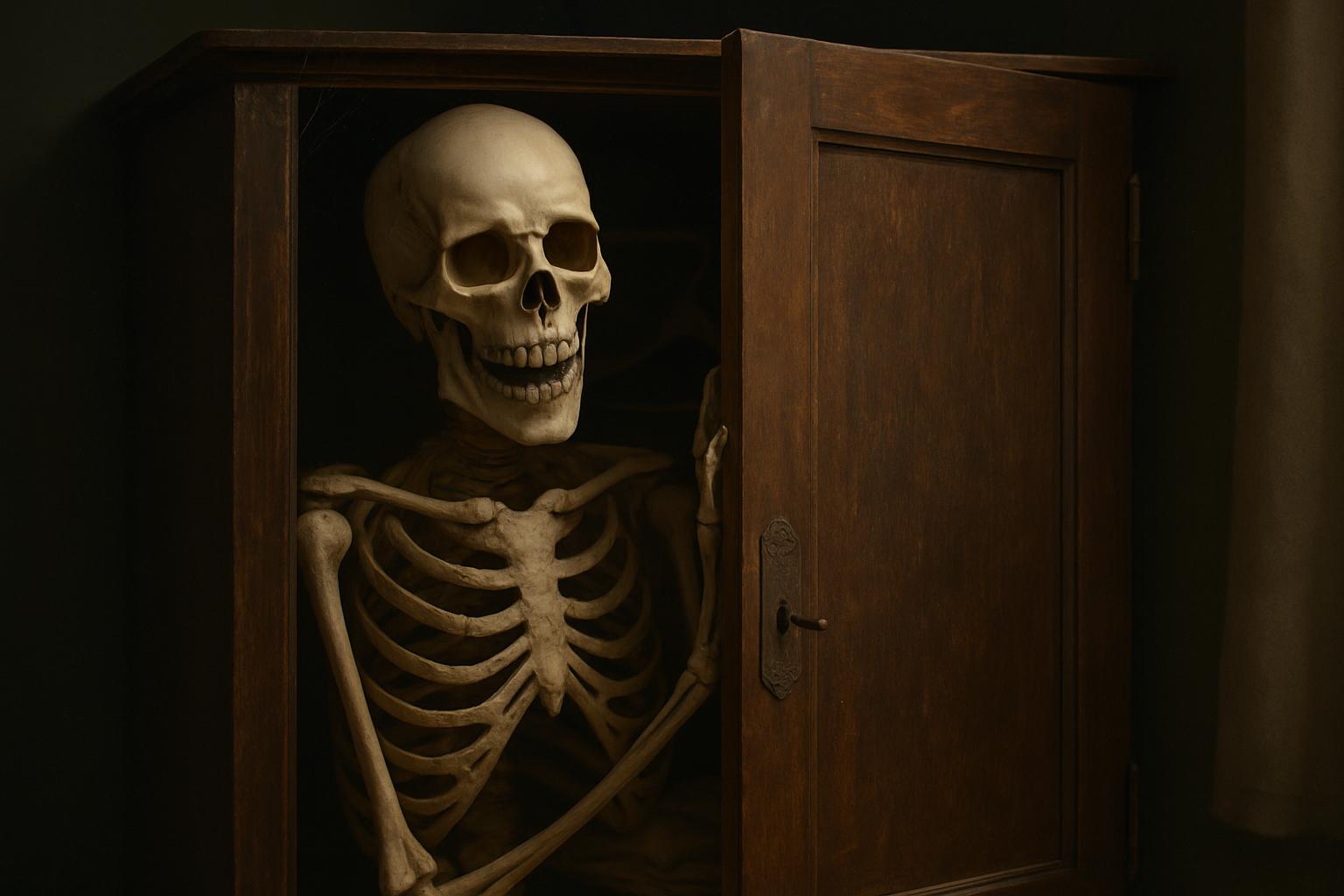 An antique wooden closet stands slightly open, revealing a comical skeleton peeking out as if caught mid-secret. Dust motes float in dim, warm light; the scene balances humor and melancholy, hinting at old embarrassments and secret pasts in a quiet still-life moment.