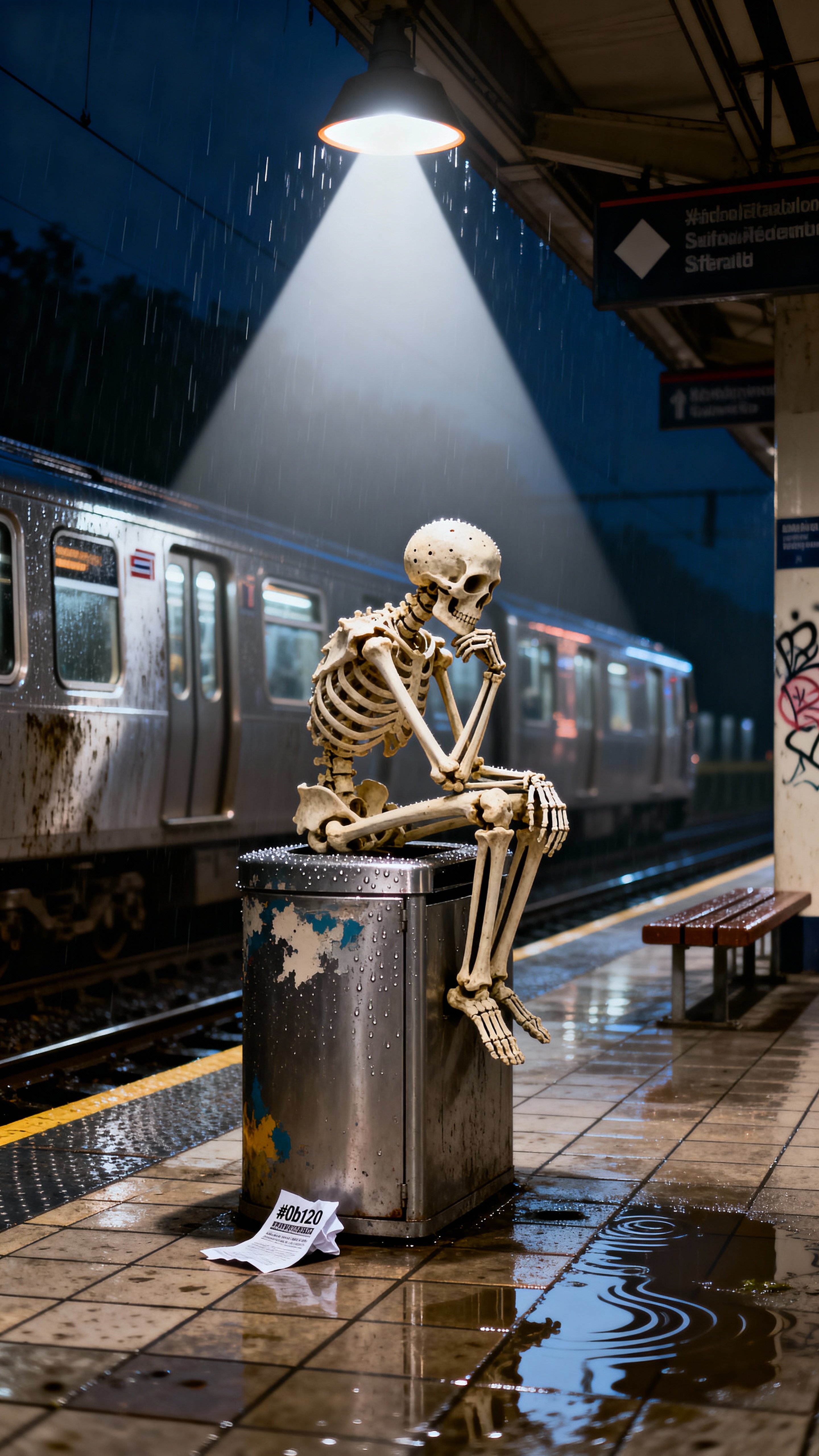 A cinematic nighttime photograph of a skeleton posed like Rodin's Thinker, seated on a bin on a rainy metro platform, with a triangular lamp beam creating stark contrast.