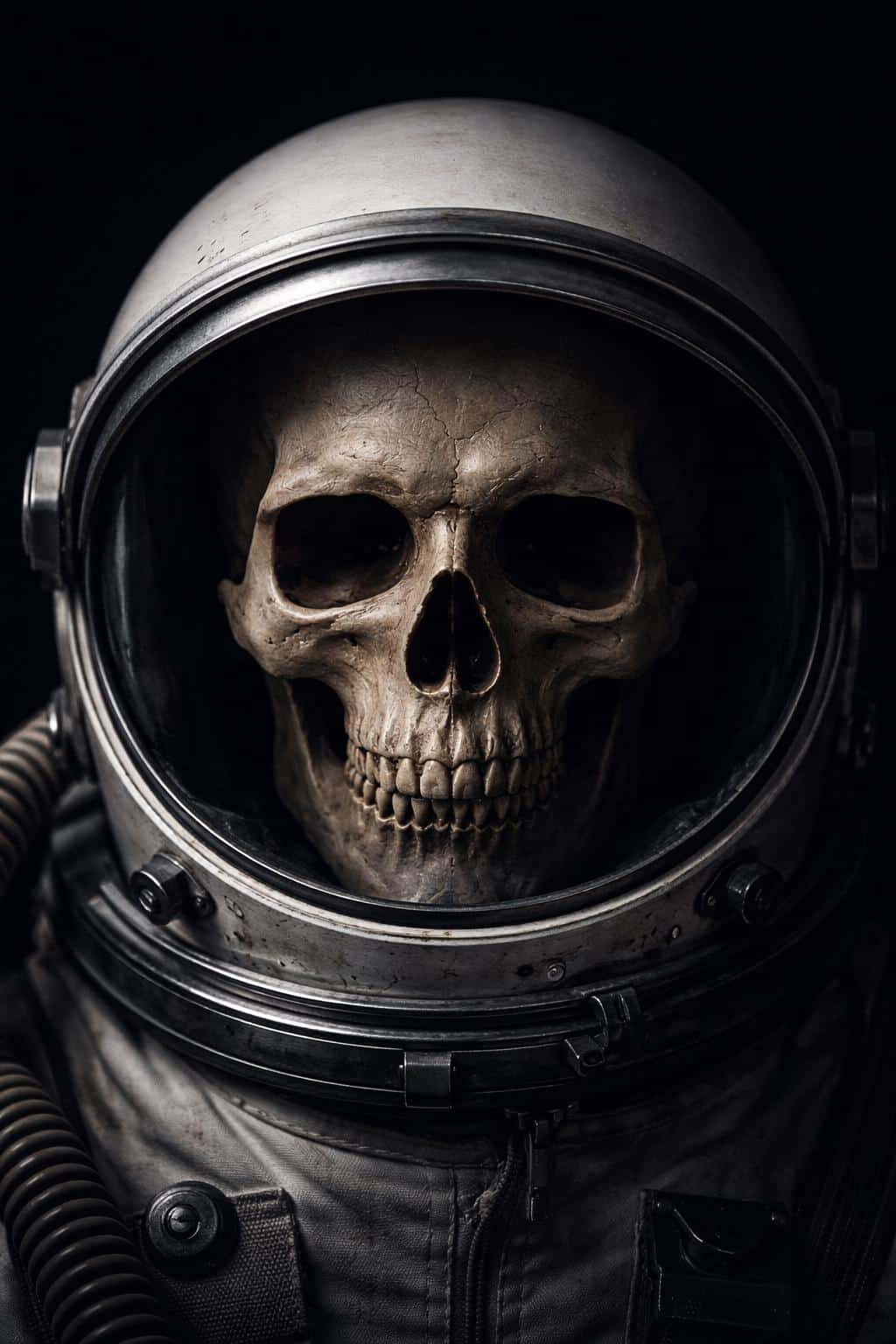 Skull astronaut headshot in low-key portrait photography, vertical 2:3 framing, evoking claustrophobic horror and existential isolation for poster use.