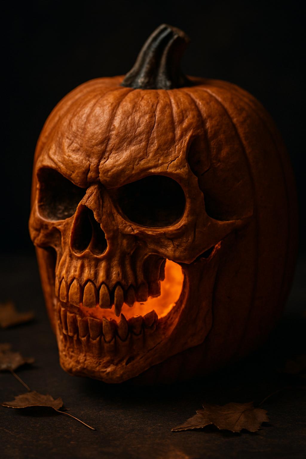 Close-up spooky Halloween pumpkin carved like a skull, artistic creative studio photograph with dramatic lighting and textured rind detail.
