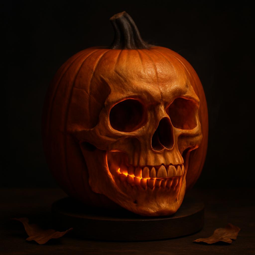 A close, artful study of a Halloween pumpkin skillfully carved into a skull, photographed with dramatic, spooky lighting. The image balances sculptural detail and atmospheric mood, turning a familiar jack-o'-lantern into a tactile, haunting portrait.