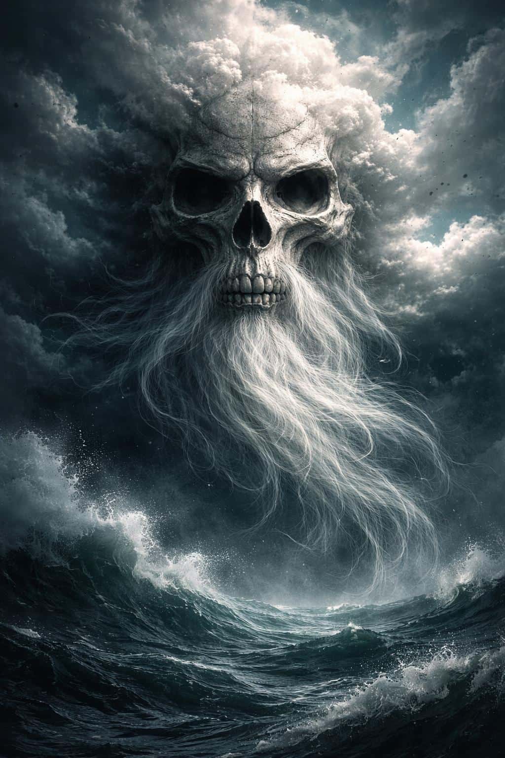 A surreal digital-painting of a colossal skull-faced old man formed from storm clouds above a turbulent sea, composed for a vertical 2:3 poster-cover with dramatic mood.