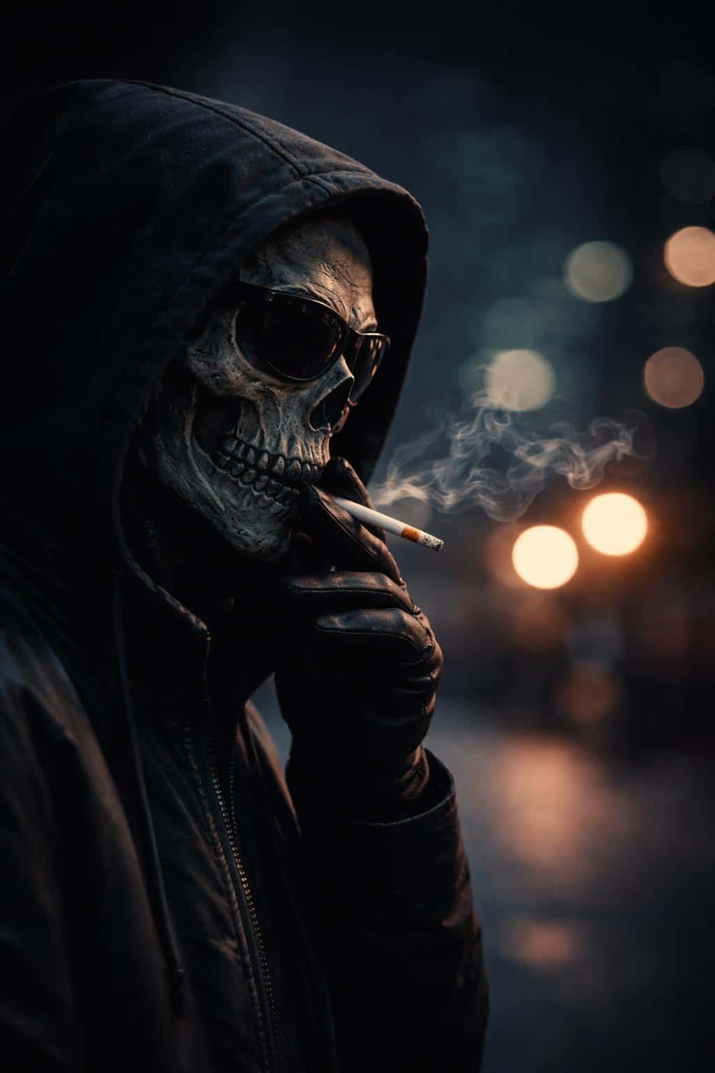 Close-profile portrait of a hooded skull-masked figure in a moody street-photography style, with neon-lit bokeh and visible cigarette smoke for wallpaper use.