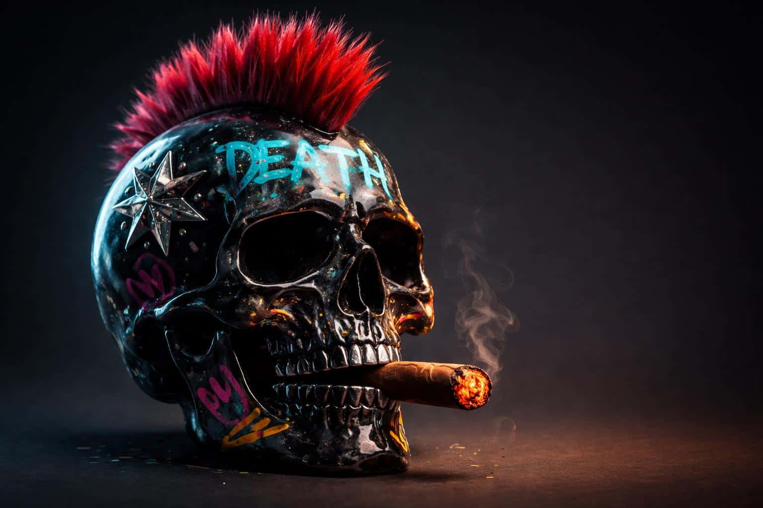 Close-up 3:2 3D render of a glossy black skull with neon graffiti, red mohawk and glowing cigar ember on a dark low-key background for poster or wallpaper use.