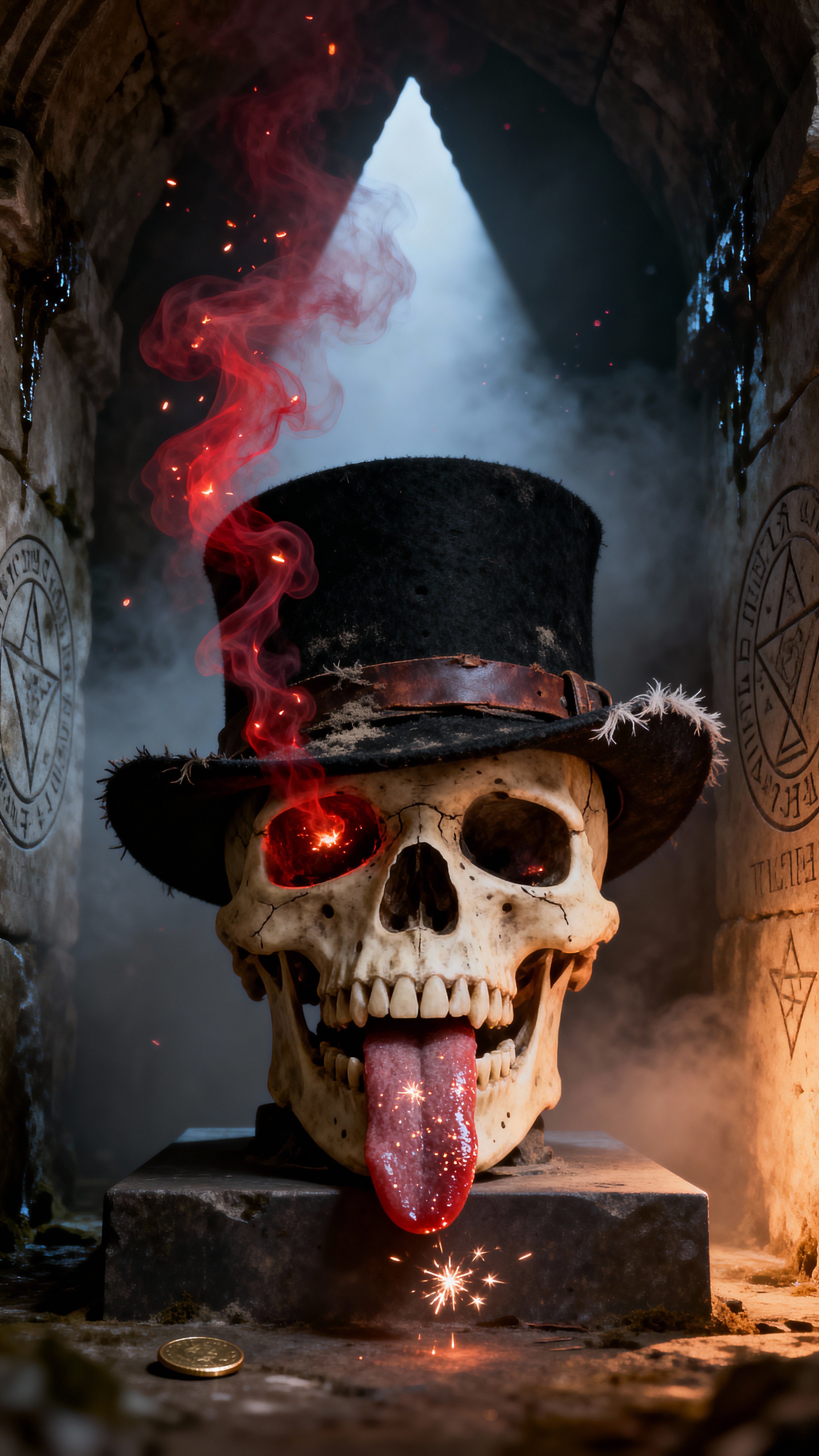 Realistic human skull wearing an aged black top hat, glowing red mystical mist rising from the eye sockets and a tongue extended with shimmering sparks in a dark enchanted atmosphere.