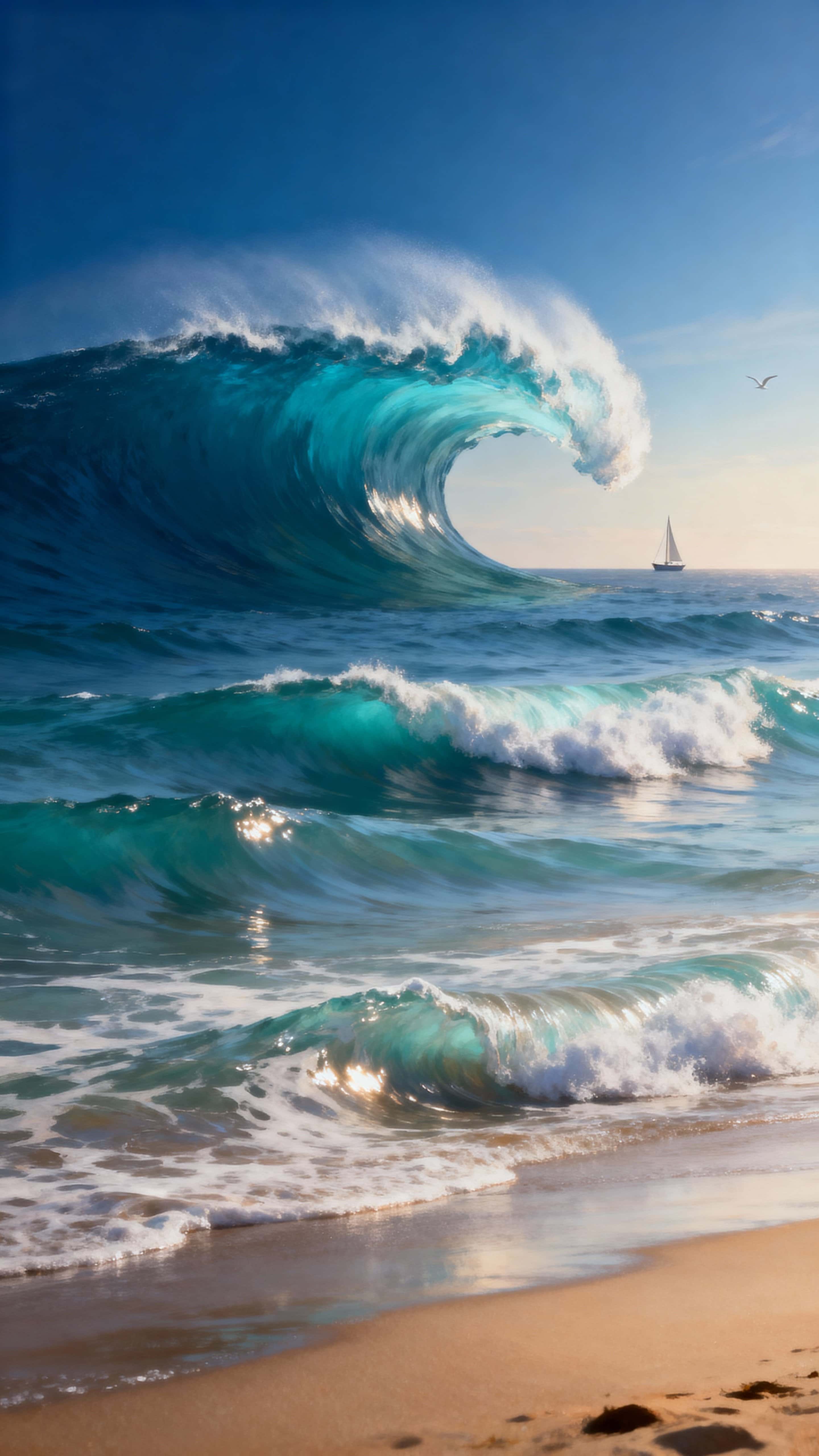 A tall 9:16 vertical scene where the sky reads as a rolling ocean of waves above a quiet shoreline, rendered with surreal calm and cinematic light to feel both vast and intimate.