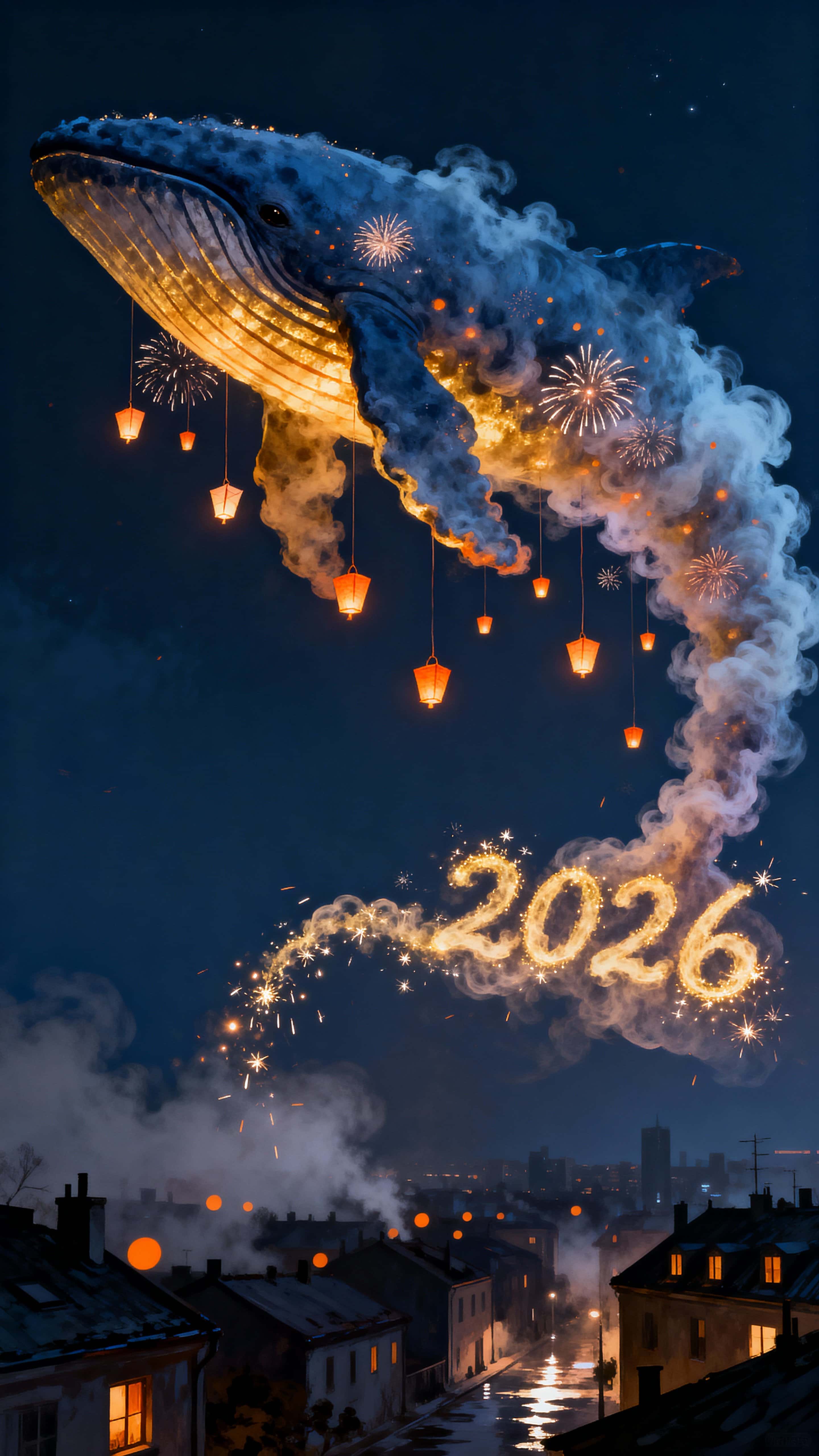 A luminous sky-whale of fireworks smoke drifts above a quiet, sleeping city at night; its vapor tail writes “2026” while lanterns dangle like stars, cinematic digital painting.