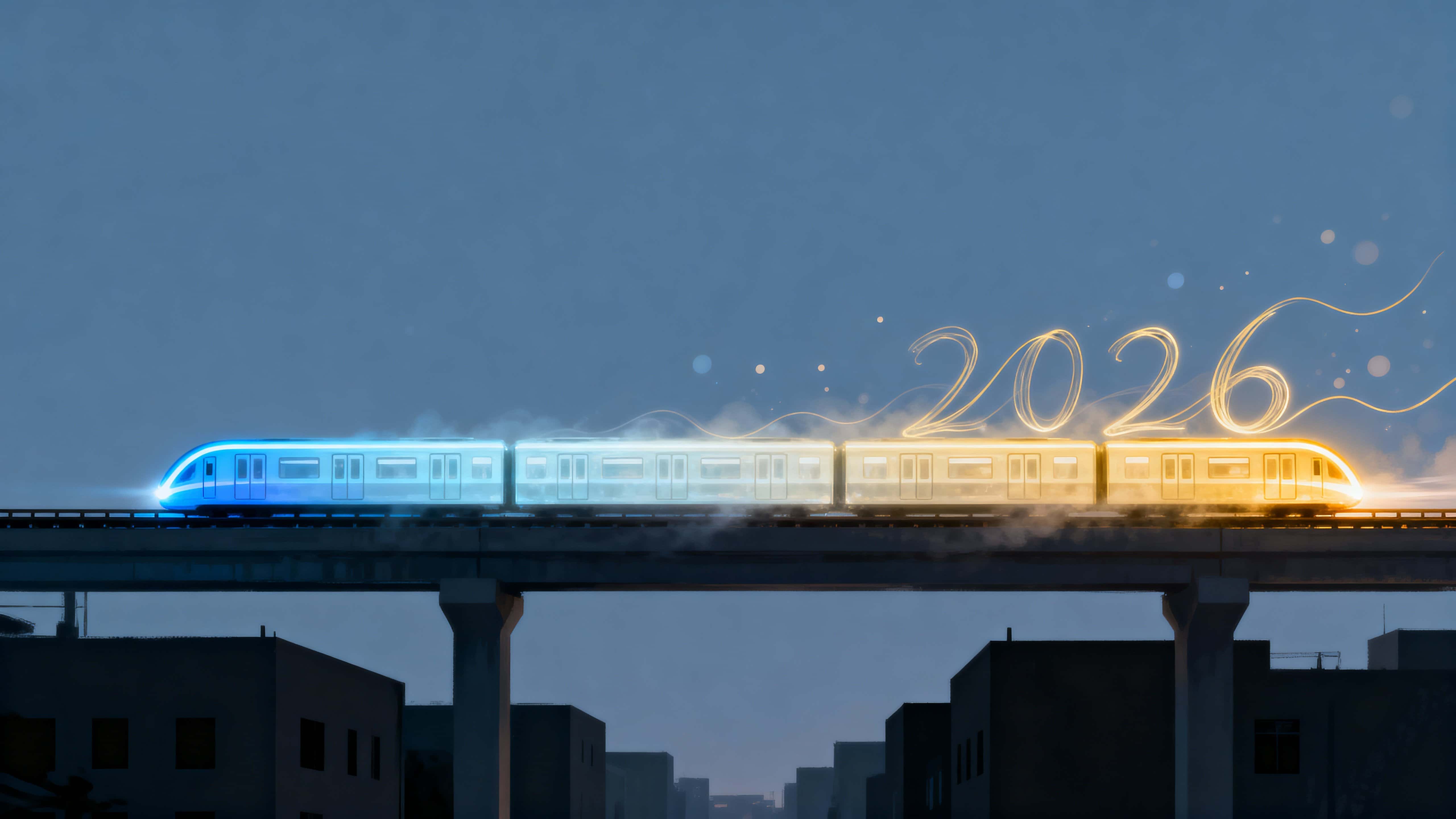 A serene otherworldly skytrain of translucent luminous carriages arcs across a 16:9-framed cityscape above matte-charcoal block buildings, trailing warm-gold "2026" filaments.