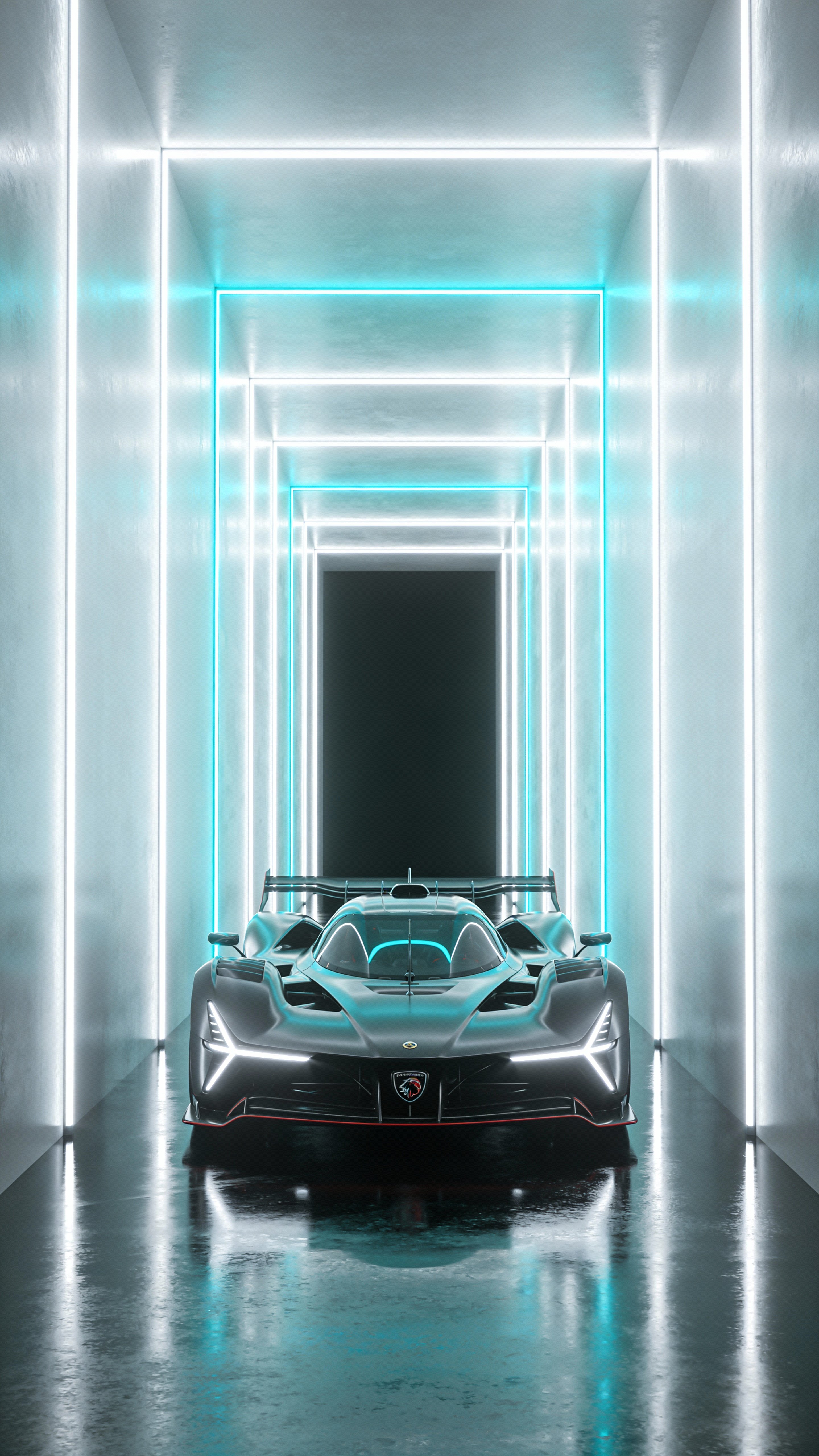A sleek race car centered in a glowing rectangular light tunnel within a vertical 9:16 studio frame, with soft white and cyan panels creating infinite depth and a glossy reflective floor.