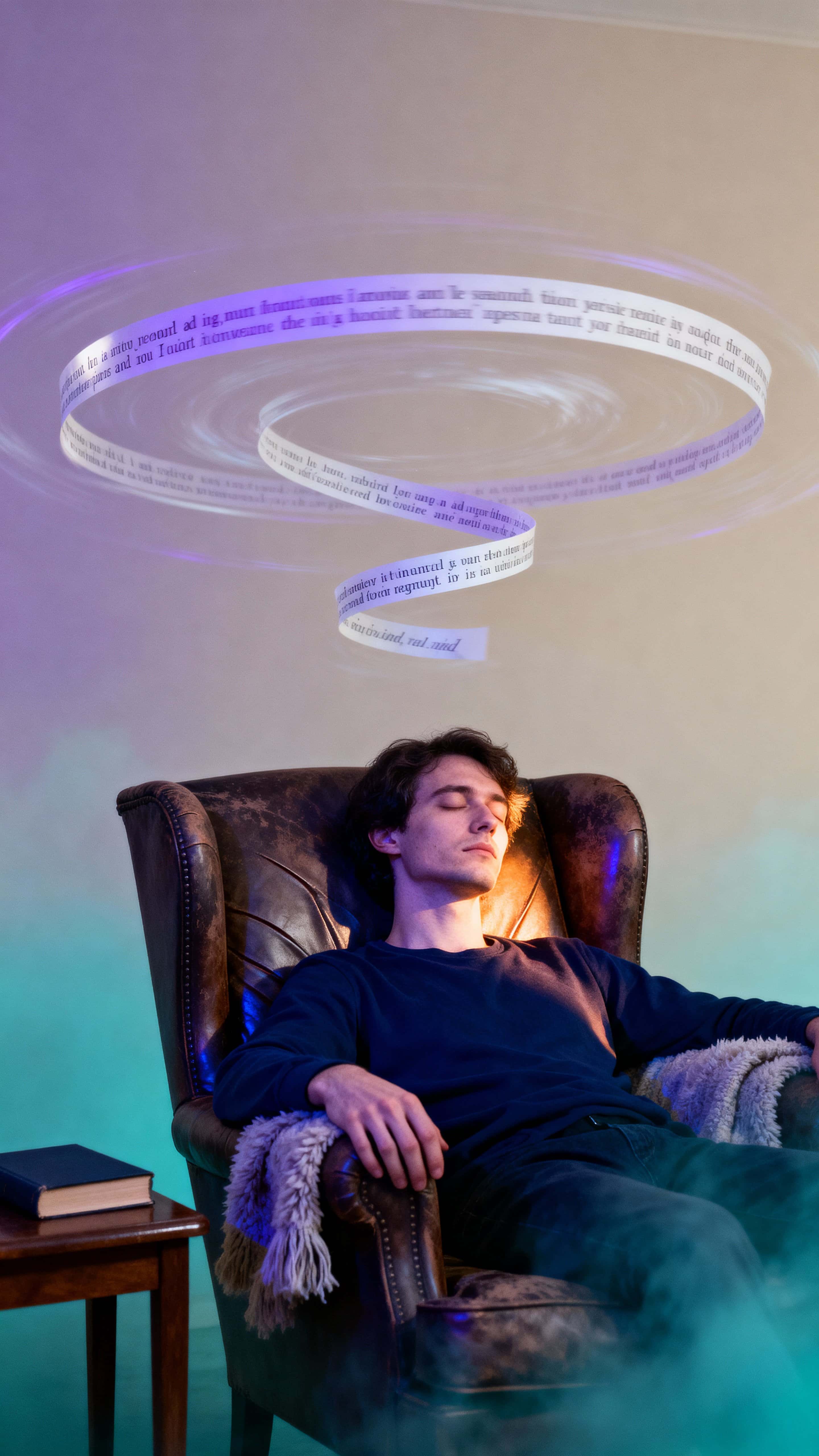 A lone figure sleeps in a chair beneath a slow, swirling galaxy composed of drifting sentences, lit by gentle halo light and framed in a tall vertical crop for intimacy.