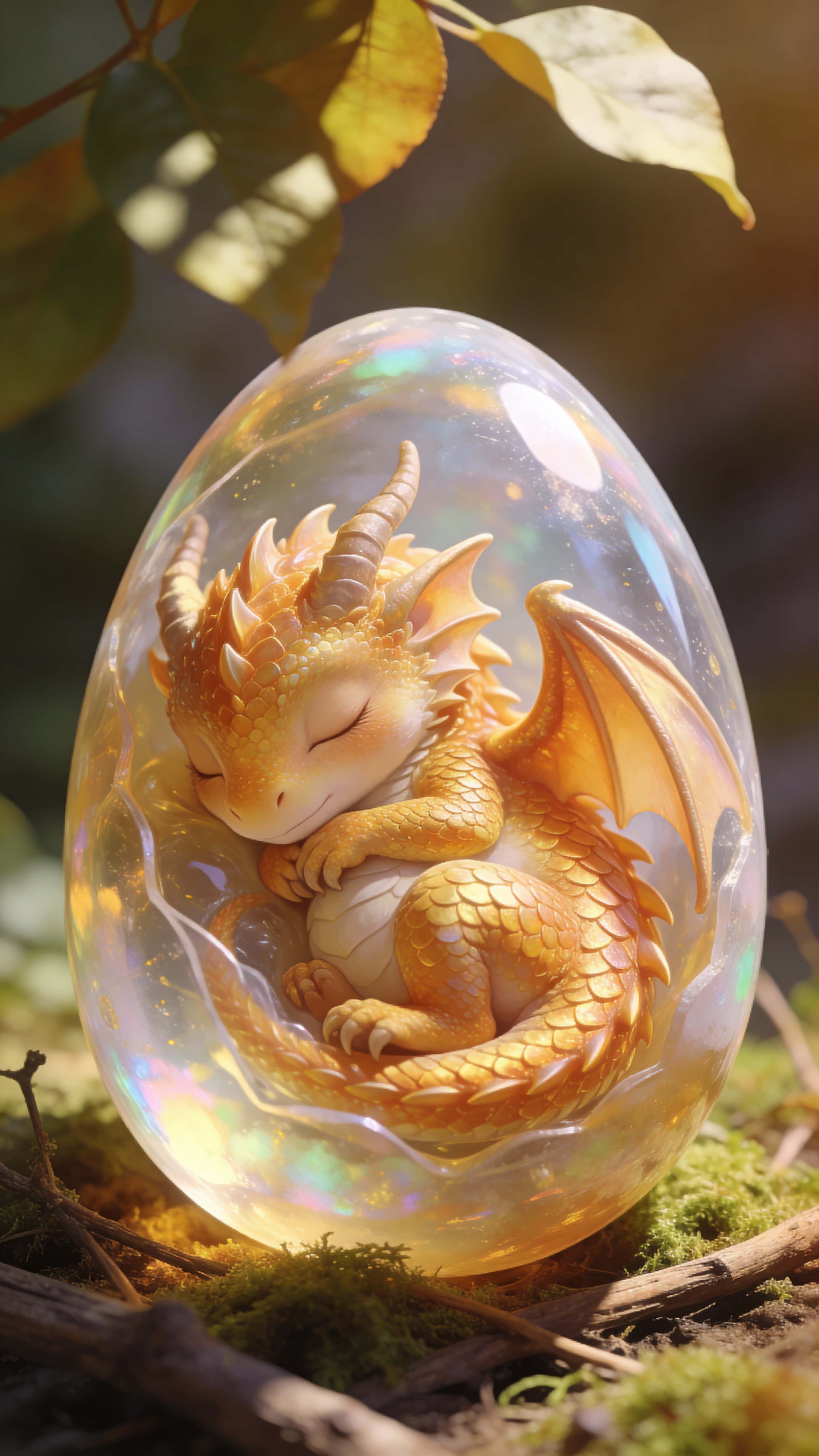 Photorealistic, ultra-detailed portrait of a small dragon sleeping inside a transparent egg nestled on moss and leaves, composed in a vertical 9:16 framing.