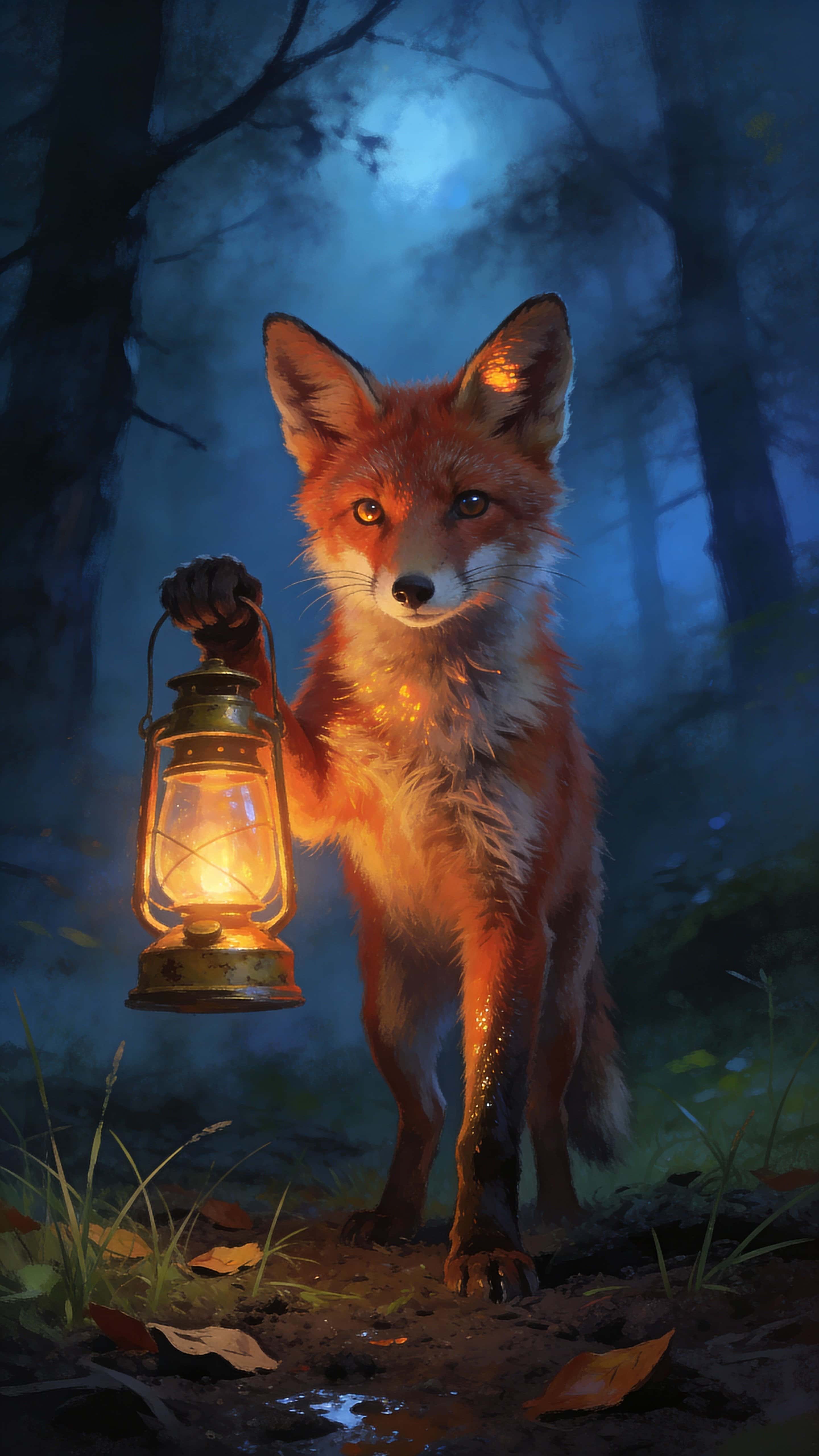 A lifelike small fox holds a warm glowing lantern in a misty night forest, realistic fur detail and soft blue fog creating a calm, intimate mood.