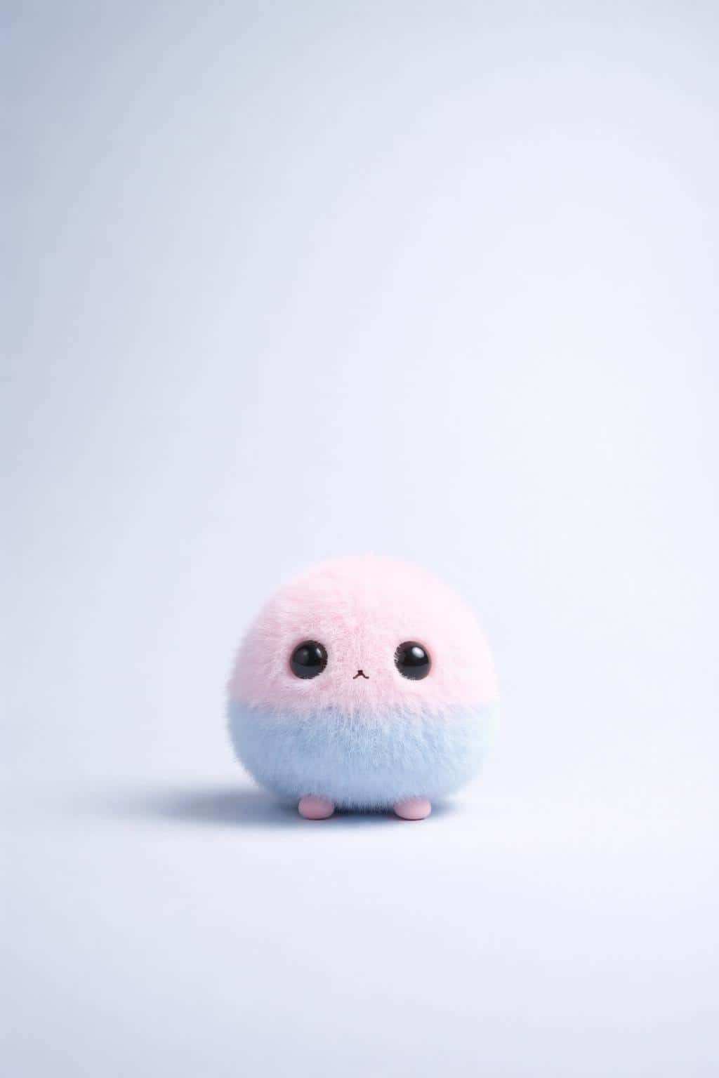 A small, bi-colored fuzzy monster with large eyes stands centered in a vast, minimalist blue environment, perfect for a whimsical vertical mobile wallpaper.