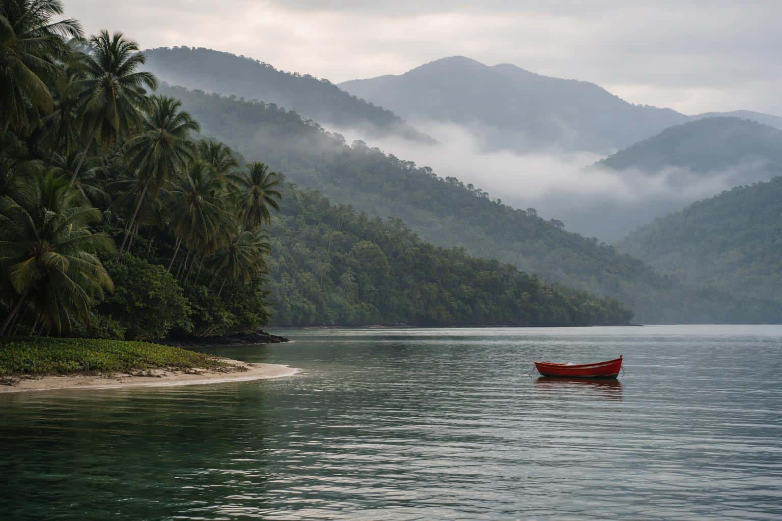 A faithful landscape-photography recreation of a misty tropical lagoon with palms, a low sandy spit and a single red boat, composed for a 3:2 wallpaper crop.