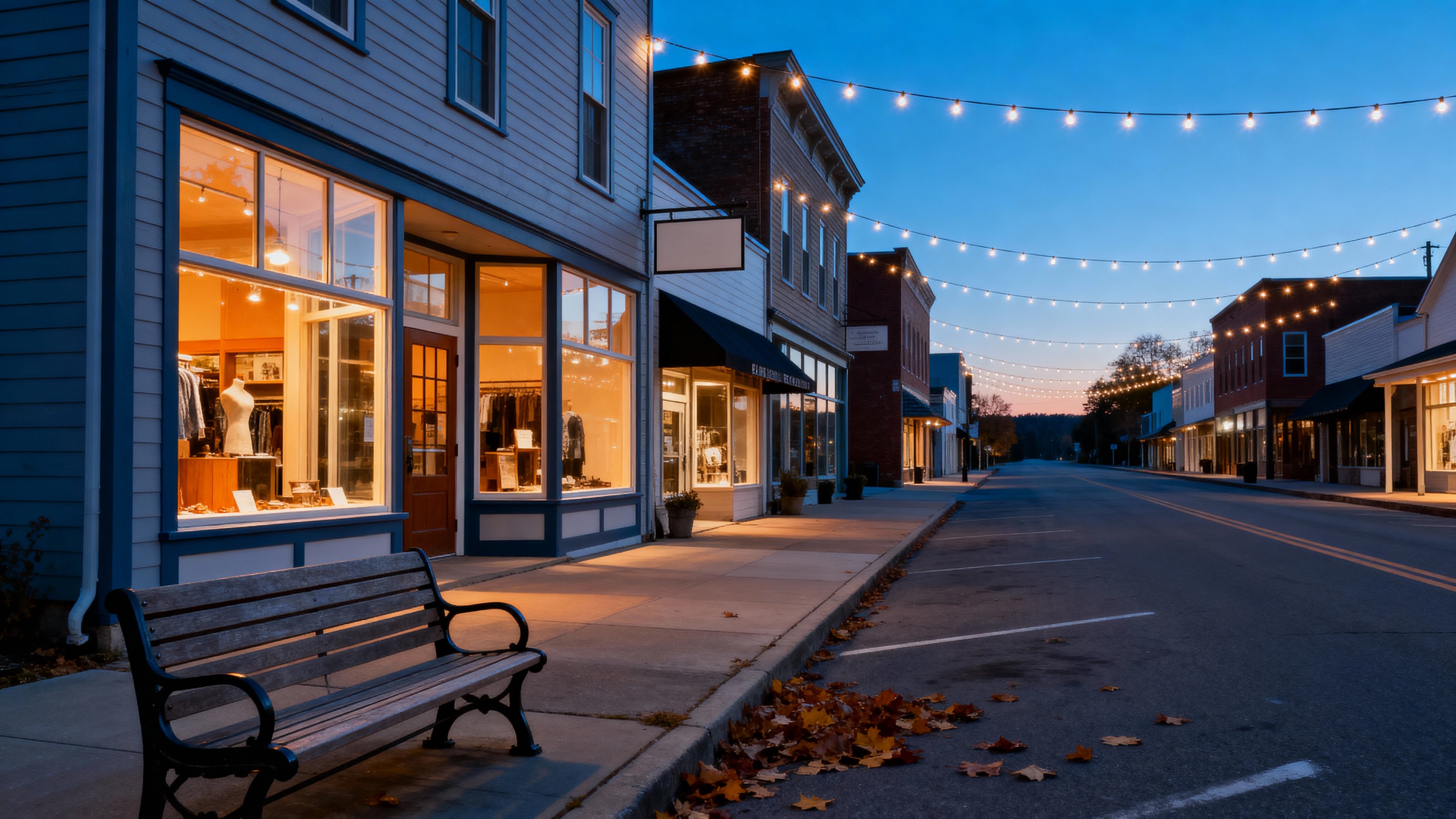 A tidy small-town main street at blue hour with painted shopfronts, string lights arcing overhead and a bench in the foreground, cool slate-blue ambient (#2F4F6F,#A8C6E8) balanced by honey-orange window glow (#D99A4A,#FFB66B) and warm wood,