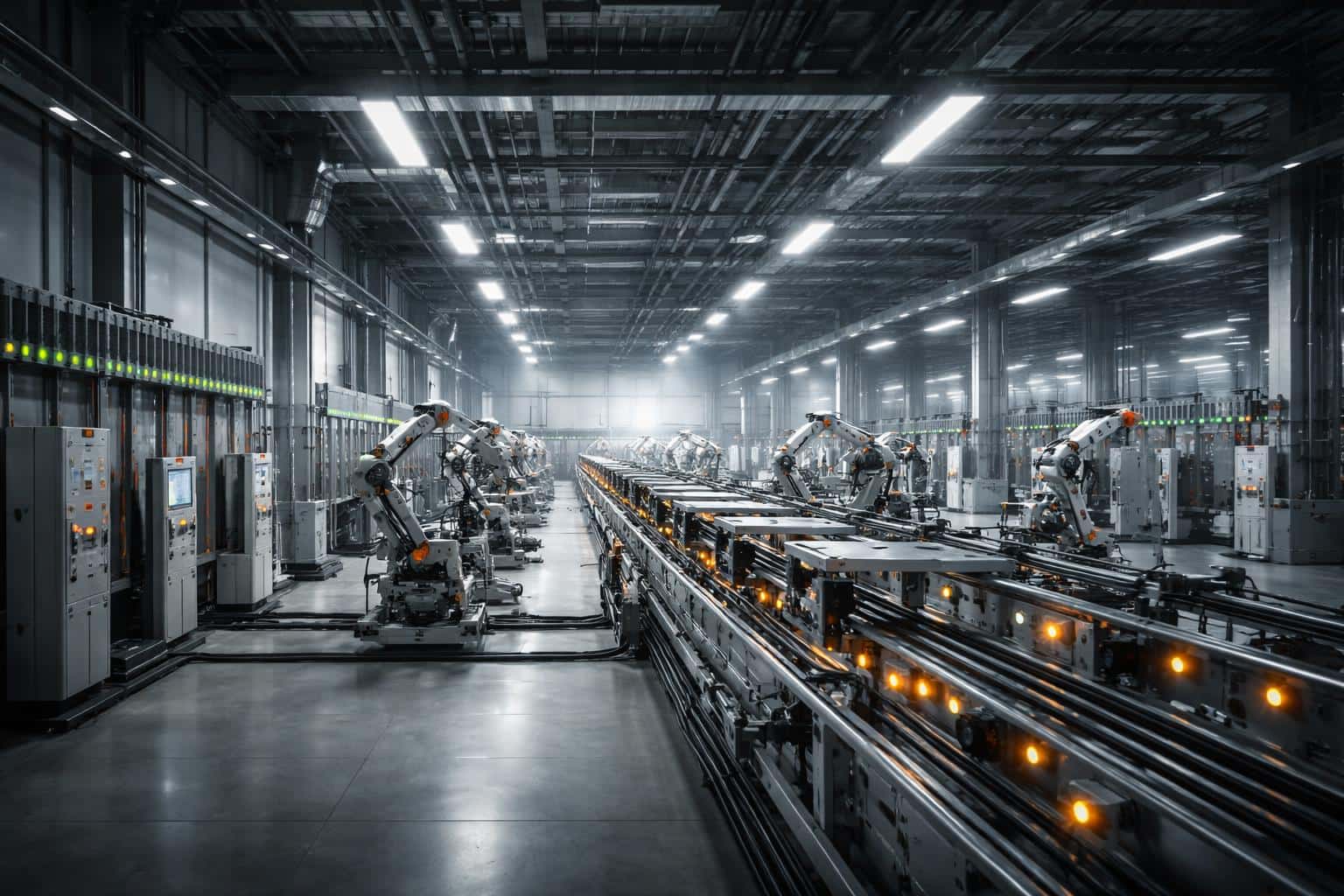 Wide 3:2 view of a smart factory interior showing sensor arrays, cabling and multicolored status lights, composed for a poster-cover with clear spatial guidance and crop.