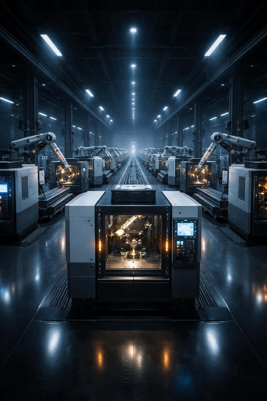 Night interior view of a smart factory captured as architectural photography, machines softly illuminated by cool LEDs and warm status lights, framed for poster use.
