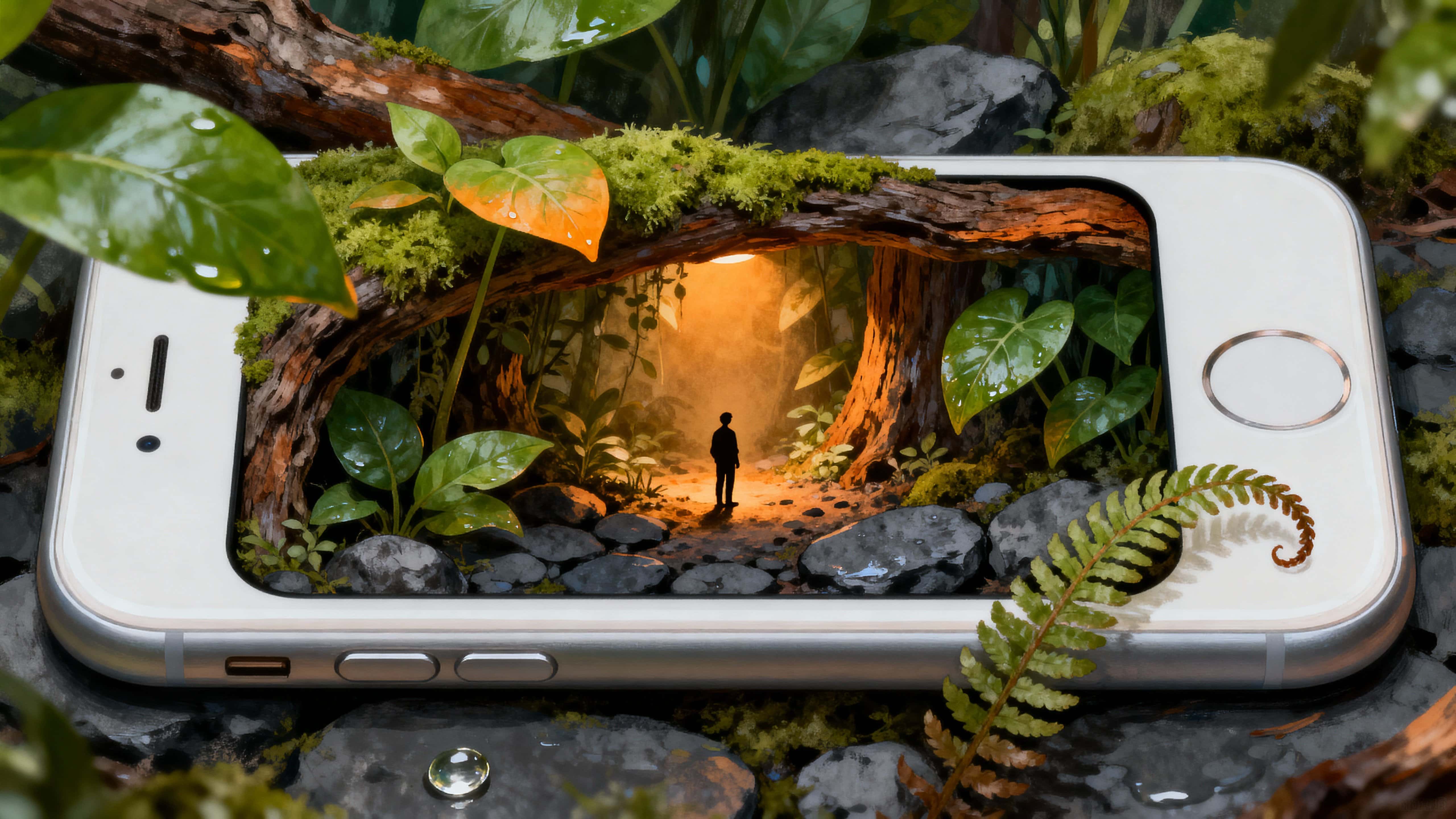 A tiny jungle opens inside a smartphone notch like a secret habitat window, where a small figure watches glowing insects amid moss and bark under a warm amber glow.