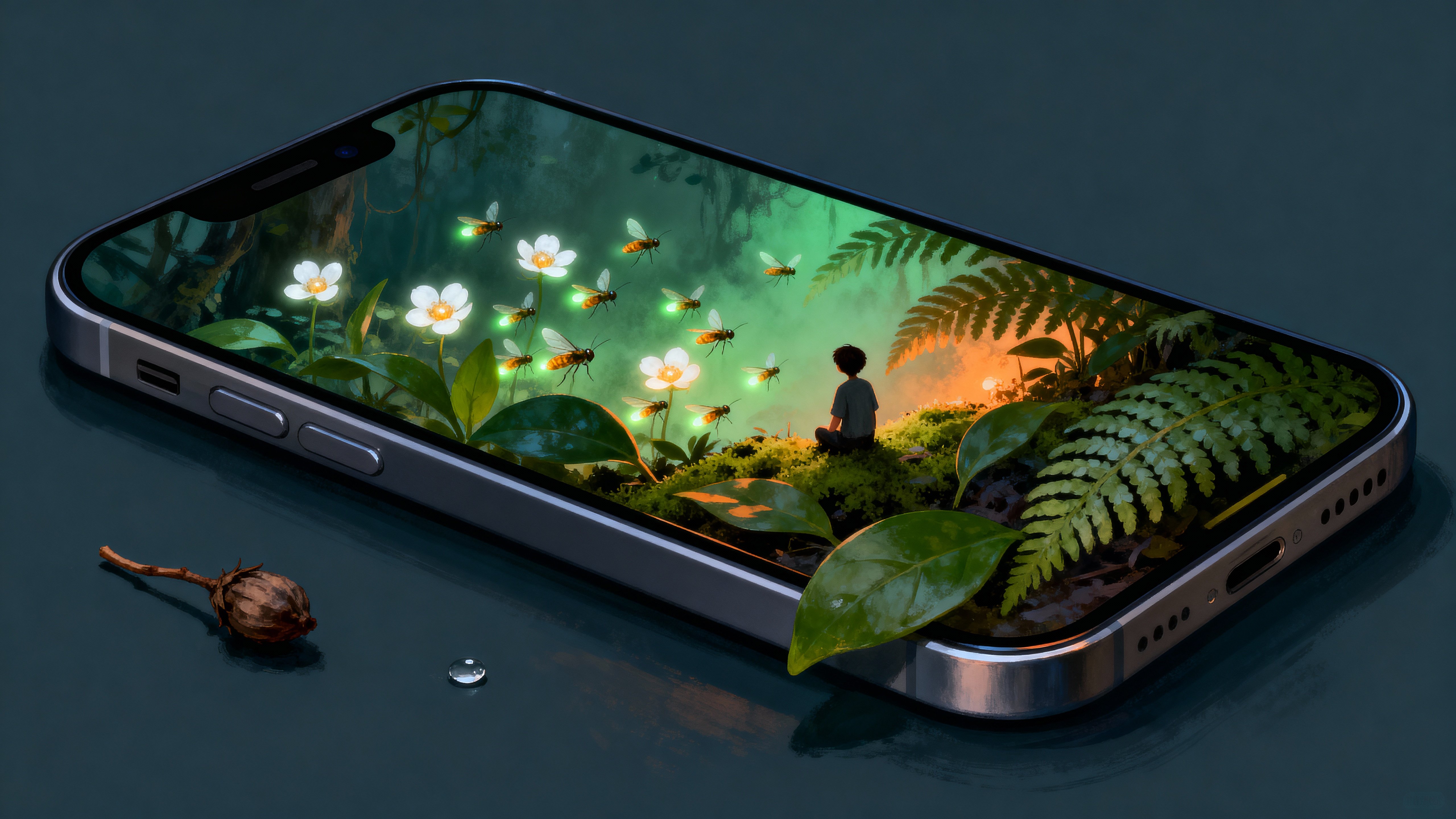 A smartphone notch unfurls like a tiny habitat window revealing a hidden miniature jungle where a small figure quietly watches bioluminescent insects dancing in warm green-gold light, composed for a 16:9 frame with tight crop and cinematic