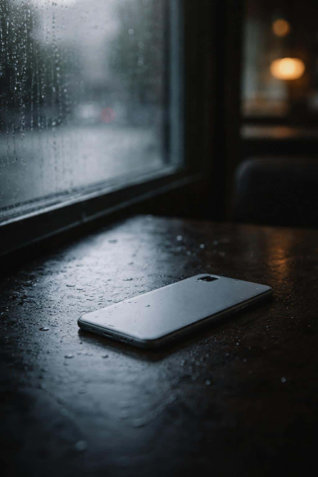 Vertical 2:3 cinematic still-life of a plain face-down smartphone on a wet café table by a window, with raindrops, condensation, cool overcast light, soft reflection and deep shadows.