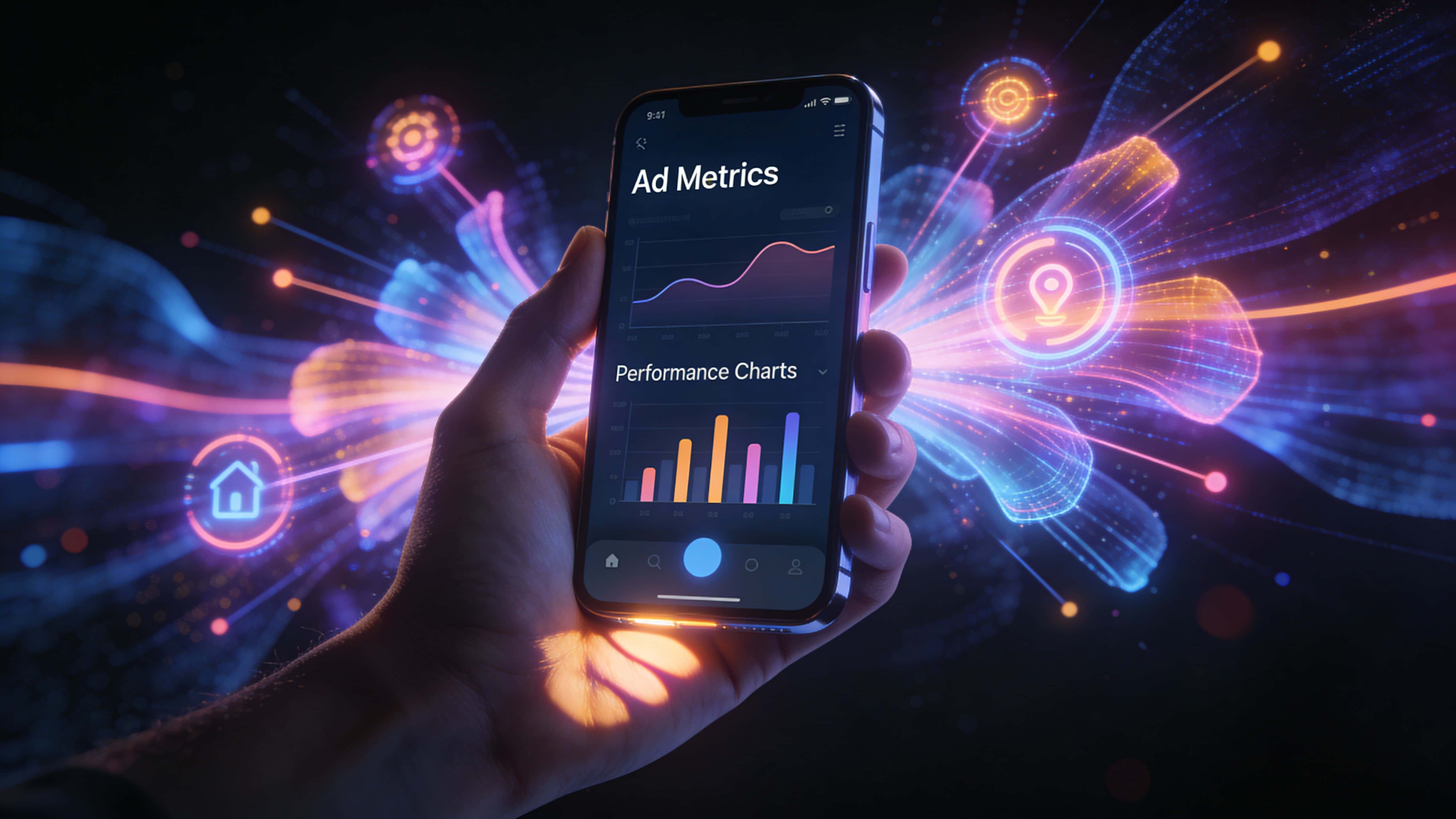 Close-up 16:9 view of a hand holding a smartphone centered horizontally, neon holograms of ad metrics, performance charts and glowing icons bloom from the screen against a dark background with soft reflected light under the wrist and along