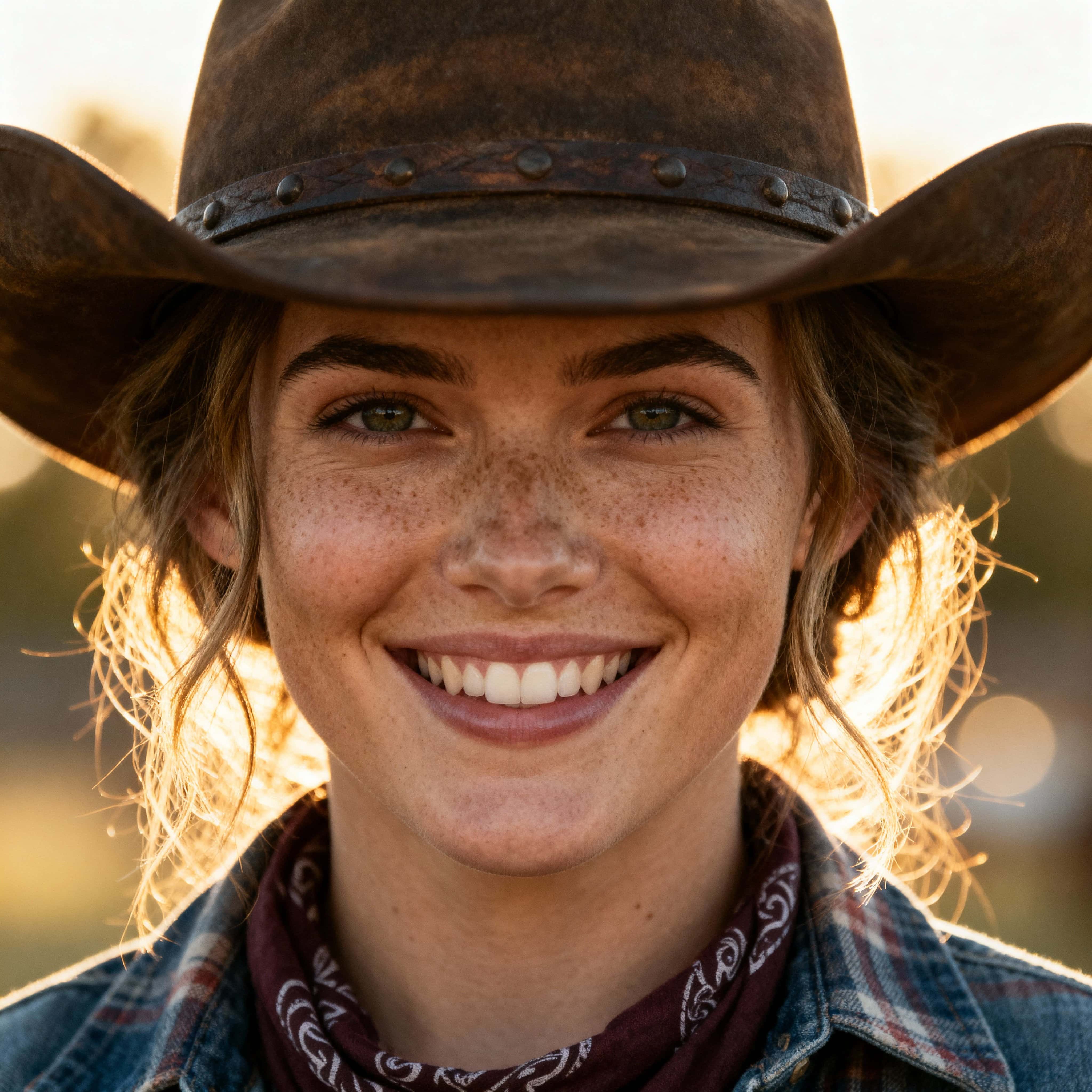 A stunning, artistic and creative 1:1 portrait photograph of a smiling cowgirl, evoking warm natural light, cinematic depth, and expressive character. Focus on authentic Western attire, gentle smile, and textured details in hair, hat, and l