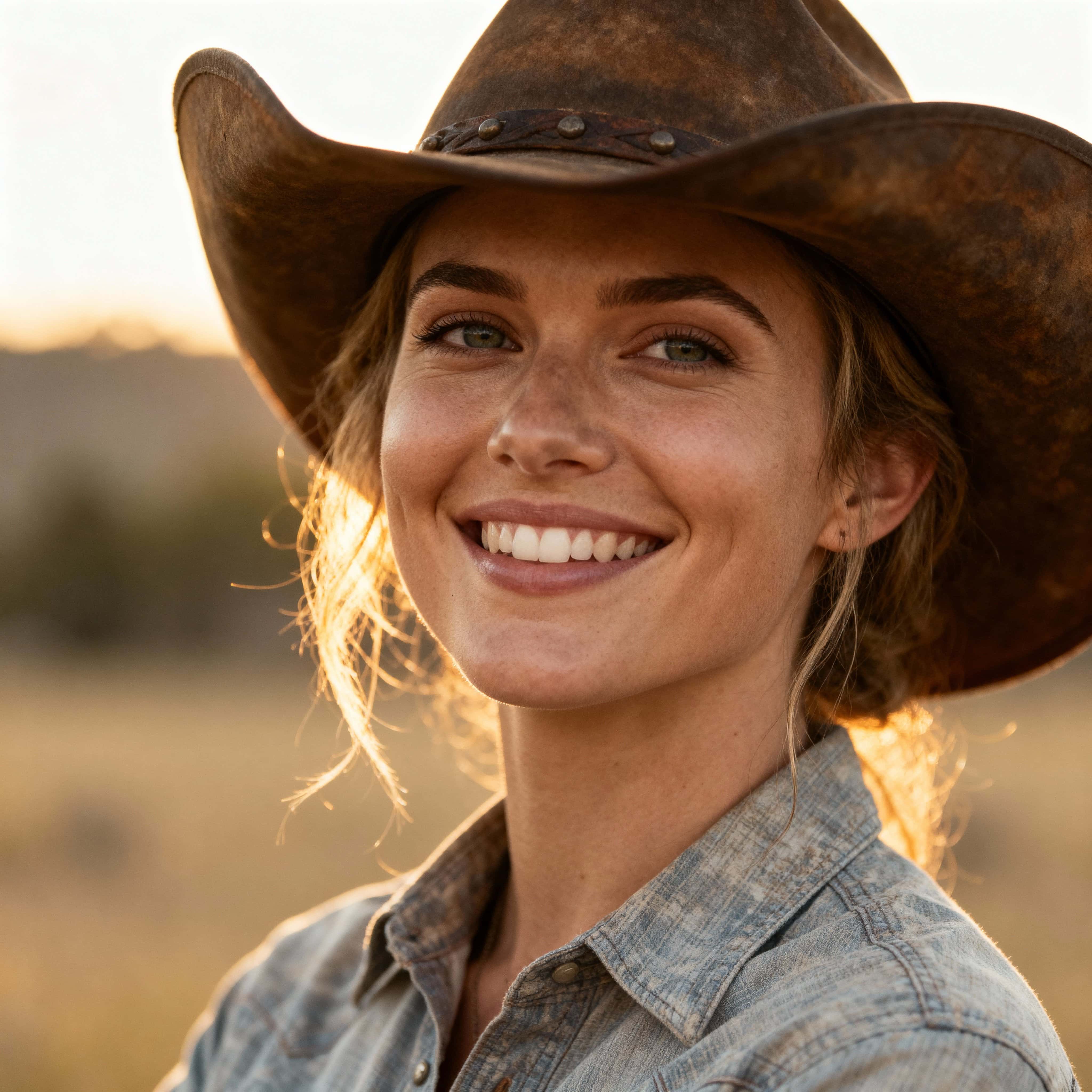 A captivating, artistic photograph of a smiling cowgirl in a creative style. Close-up portrait with warm natural lighting, expressive eyes, and a genuine smile. Rustic Western clothing and hat, subtle cinematic color grading, shallow depth‑