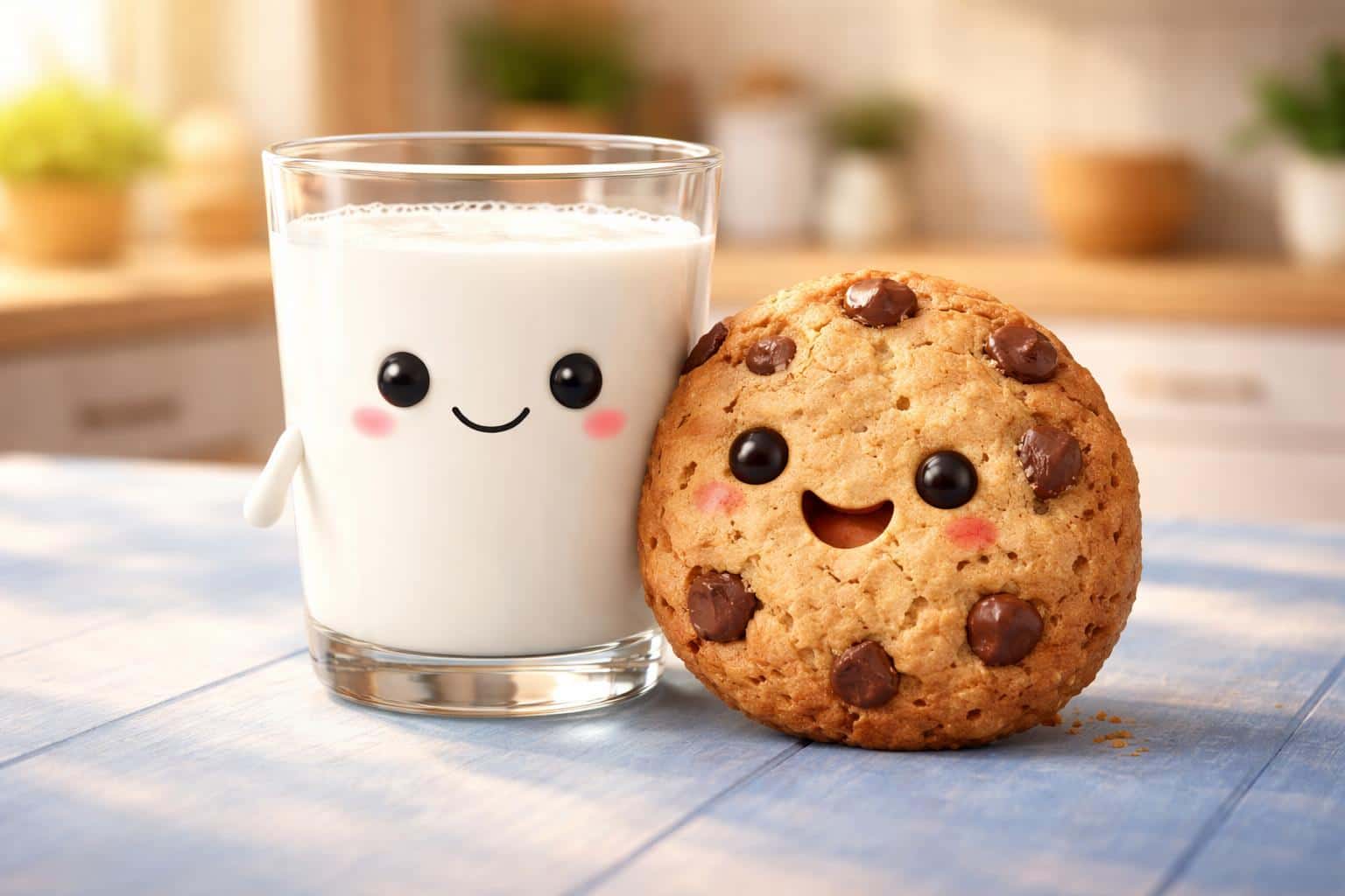 Wide 3:2 cinematic 3D render of a smiling glass of milk with tiny cartoon arms and a leaning chocolate-chip cookie on soft-blue wooden planks in a warm kitchen, bright cheerful mood.