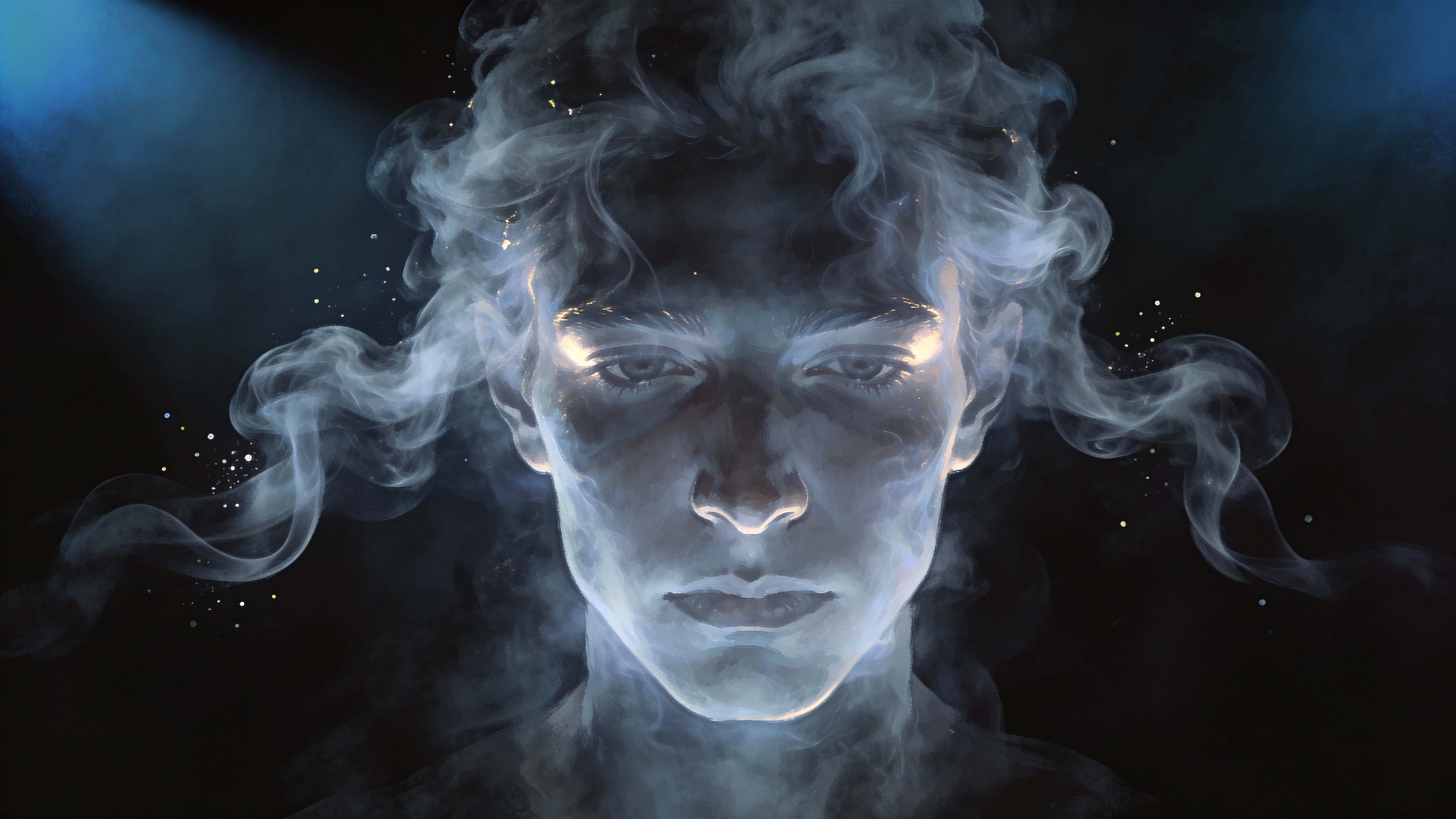 A surreal digital-painting of a human face shaped from curling smoke, composed for a 16:9 wallpaper/poster with dramatic low-key contrast and atmospheric depth.