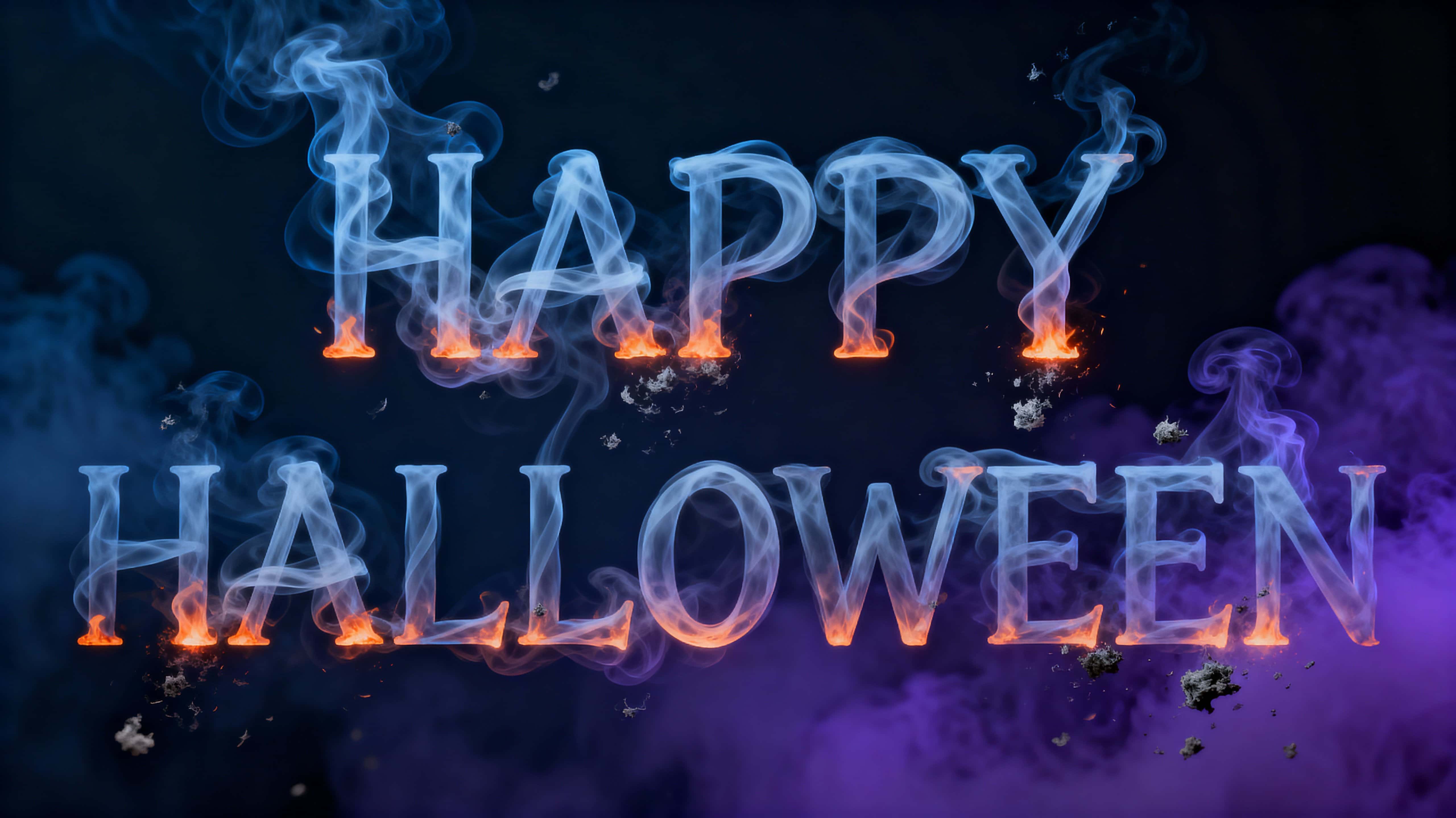 Dense smoke ribbons twist and curl to form legible, ember-tipped letters reading "HAPPY HALLOWEEN" against a deep midnight gradient, with ash flecks and atmospheric bloom.
