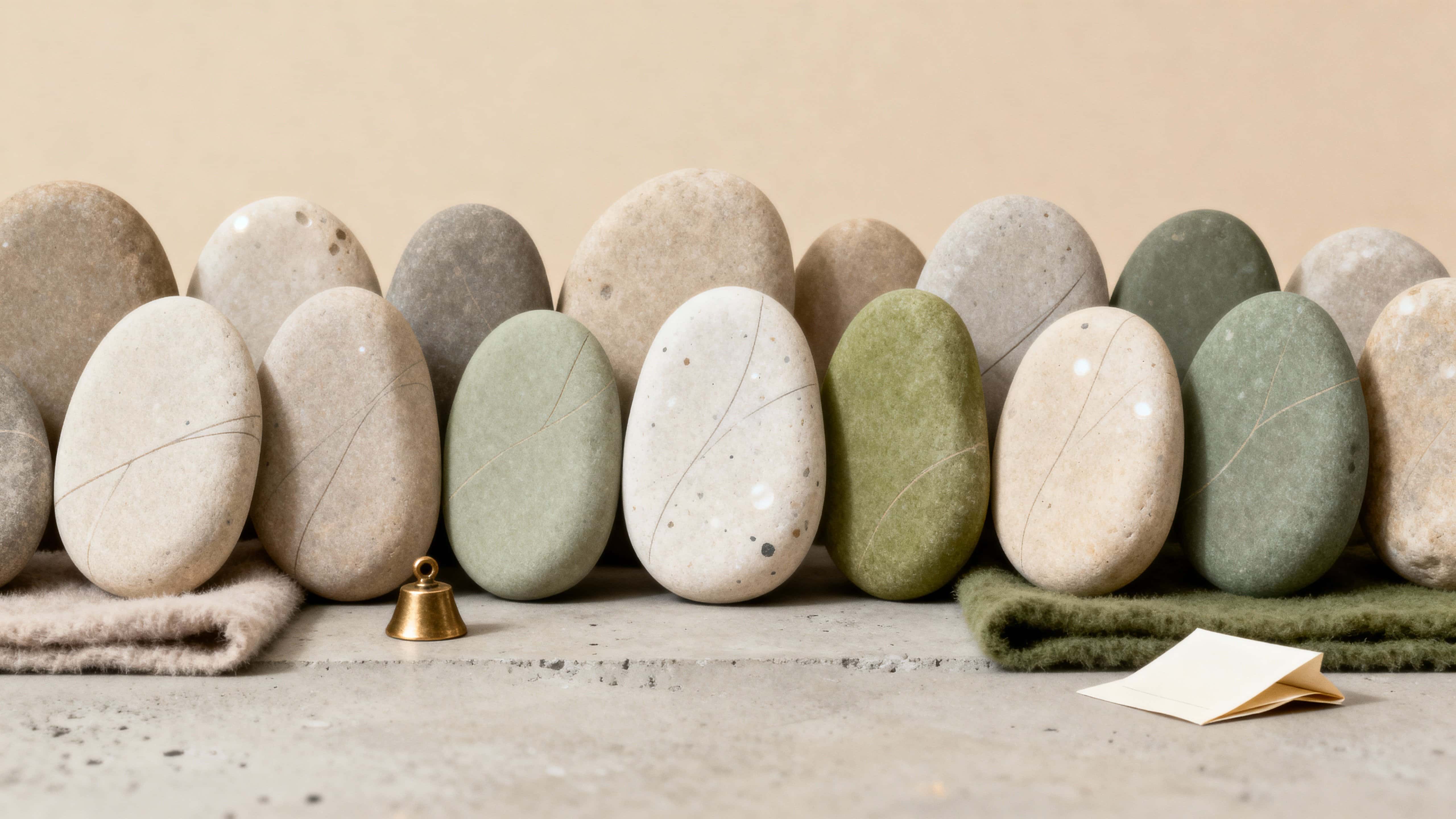 An aligned study of smooth pebble-like shapes arranged across a 16:9 frame, exploring tactile surfaces, gentle light, and calm minimal composition for design reference and visualization.