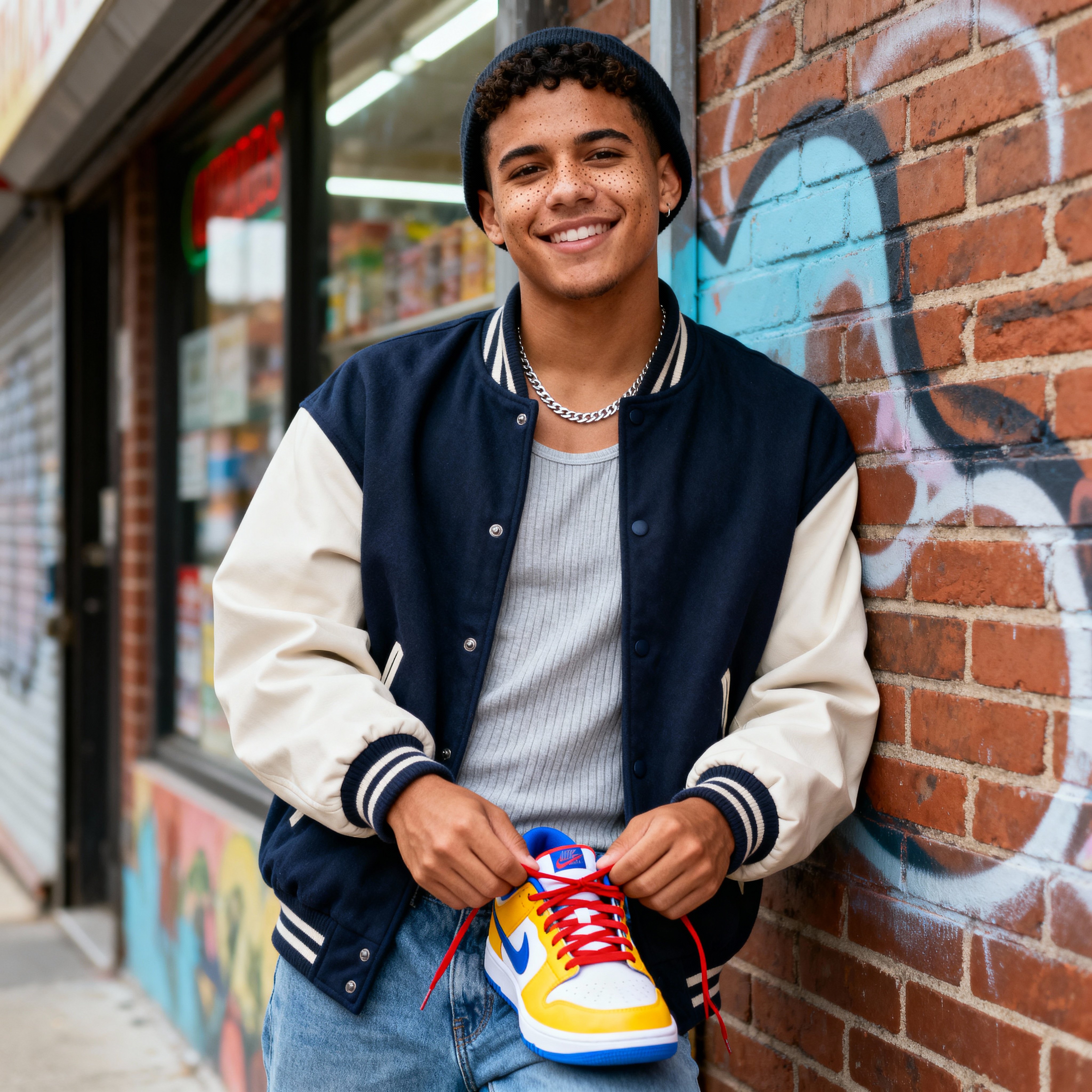 Half-body portrait of a 20-year-old Puerto Rican American sneaker enthusiast lacing teal trainers against painted brick and muted blue-ochre mural blur; warm medium-brown skin, subtle silver chain, soft even wrap light and clean grading.