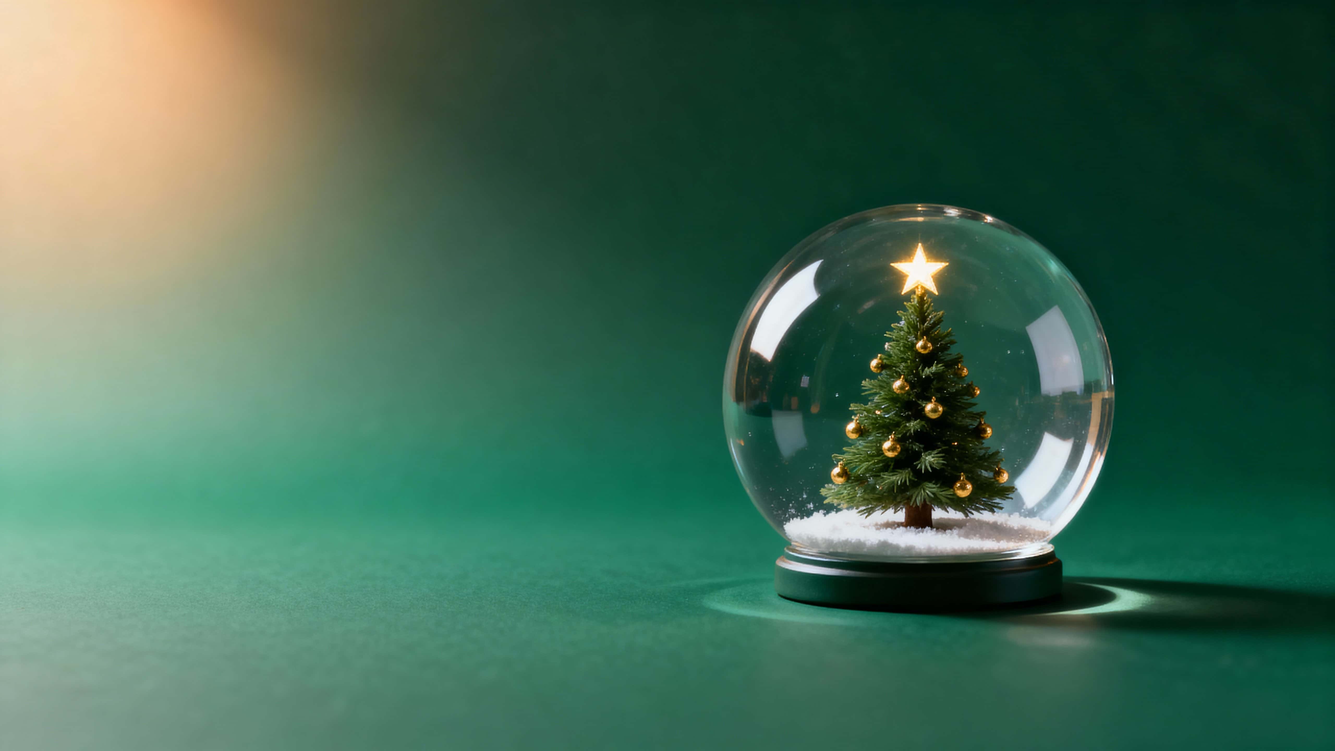A minimalist 16:9 Christmas scene with a single glass snow globe near the right third containing a tiny decorated fir and gold ornaments, set against a deep emerald gradient with warm reflective highlights.